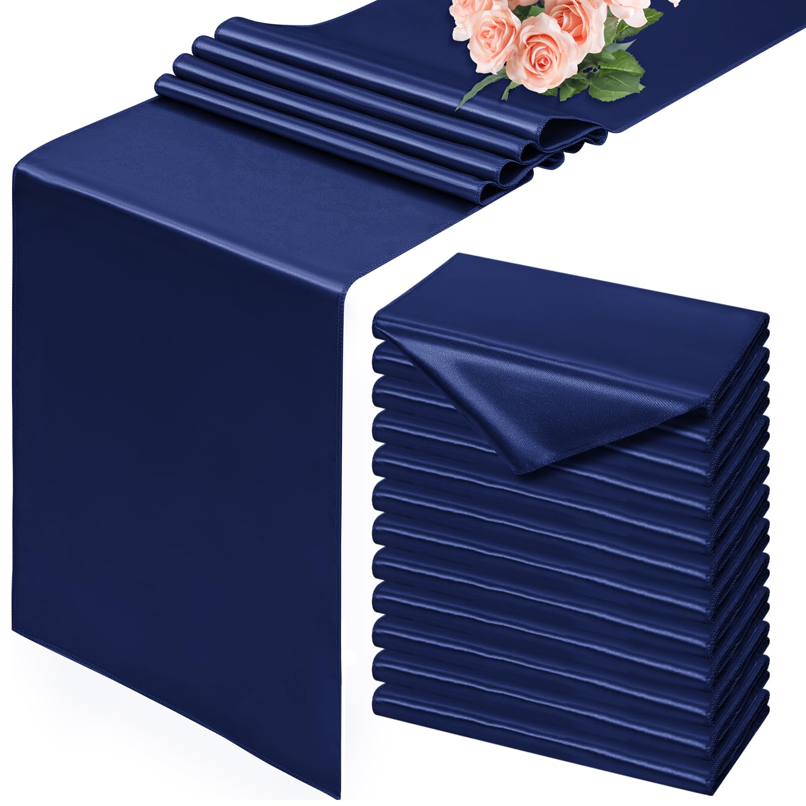 12 Pack Navy Blue Table Runner, 30 x 183 CM Satin Table Runner, Smooth Silk Table Runners for Dining Table, Wedding, Party, Banquet, Events, Graduations, Engagements