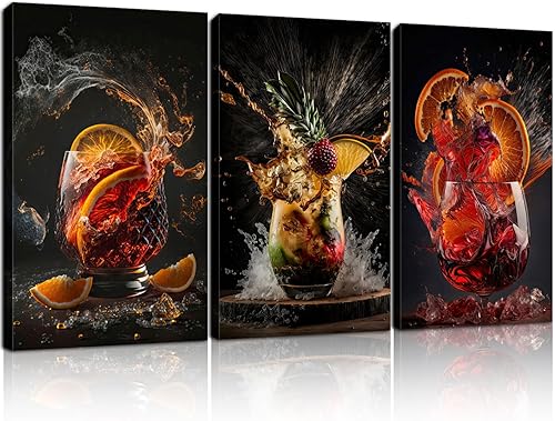 Lienzo enmarcado de 3 piezas para pared, lienzo envuelto para cóctel, bebidas, impresiones artísticas de alta definición, arte moderno de bebidas