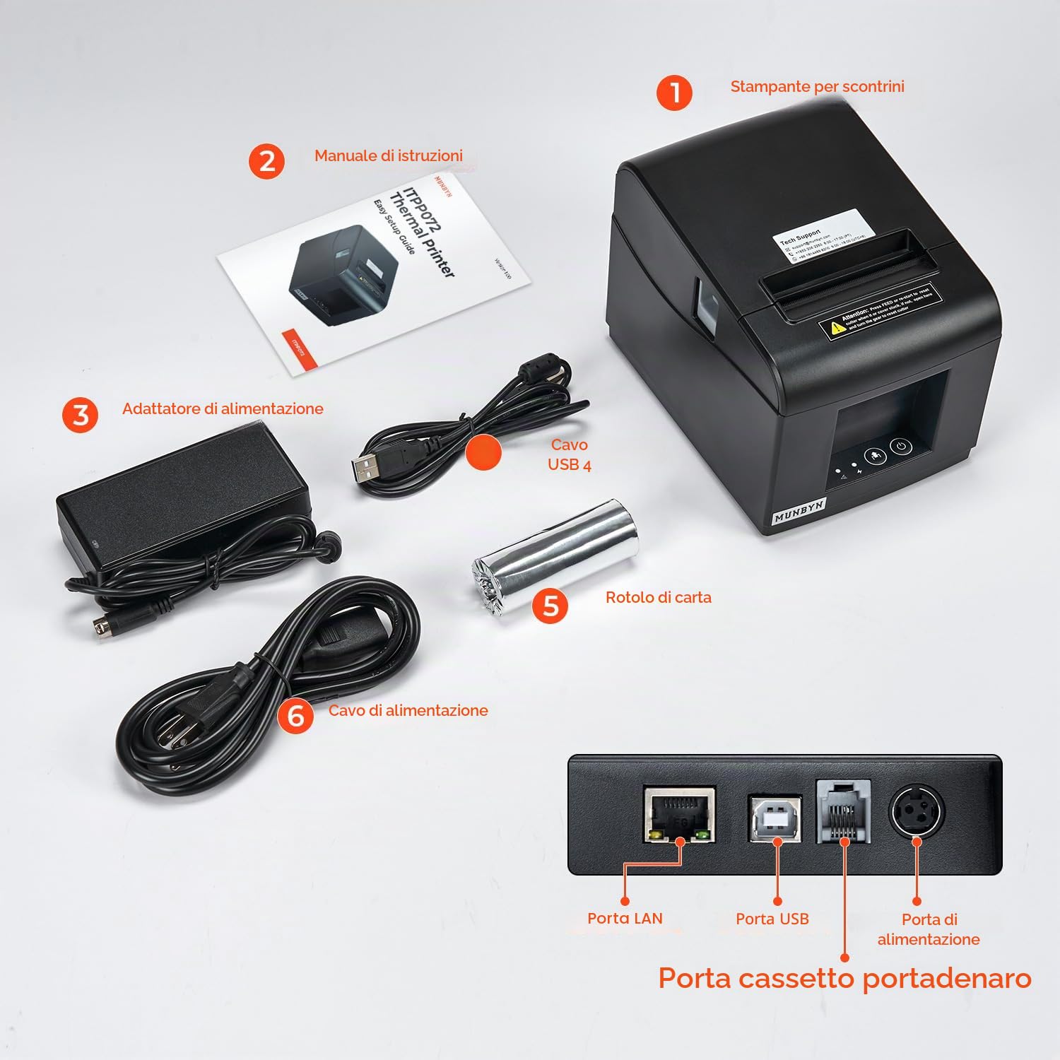 MUNBYN ITPP072 Stampante Termica per Scontrini da 80 mm – Stampante POS con Porte USB + LAN – Compatibile con Android, Windows, ChromeOS e Linux – Non supporta la connessione Bluetooth