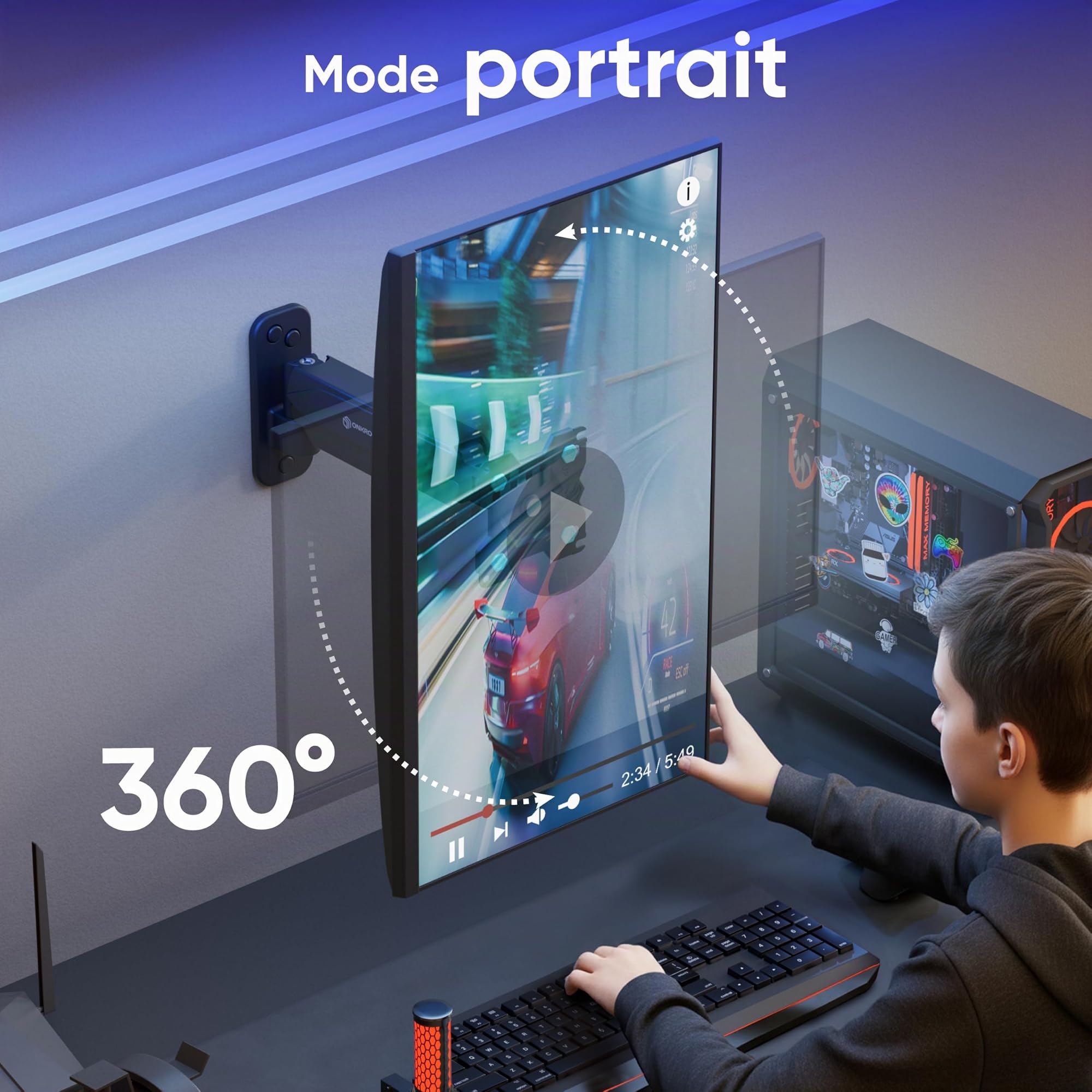 ONKRON Support Ecran PC Mural pour 13" - 34" Moniteur & TV, Support Mural TV Poids de 8 kg - Support Mural Ecran PC VESA 75x75 & 100x100 mm/Bras Ecran PC Mural Inclinable Pivotant Rotatif G120-B Noir