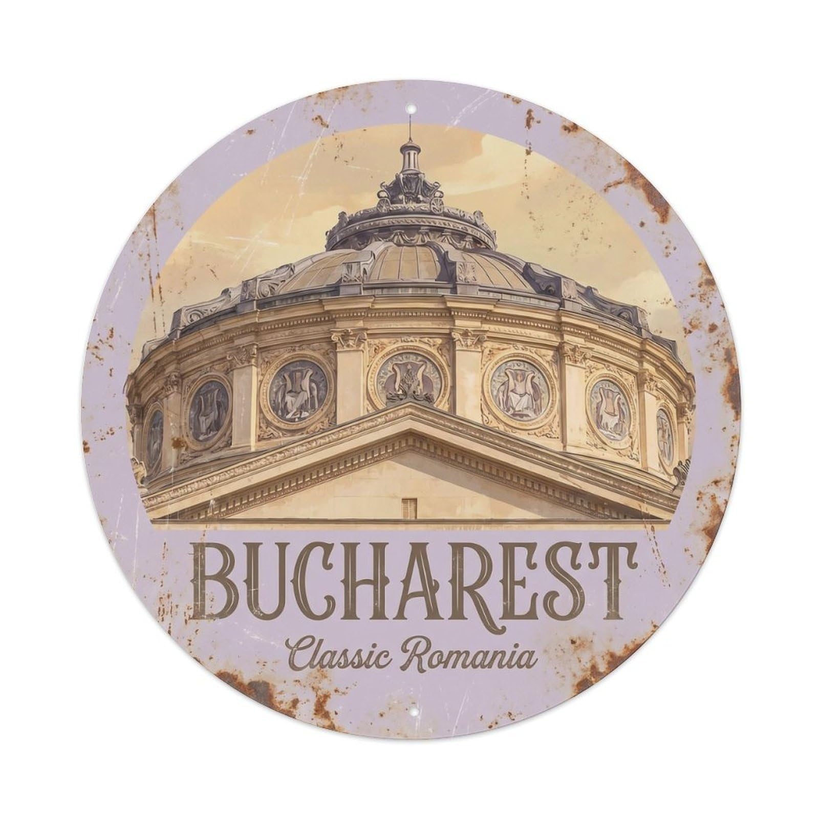 Athenaeum Bucharest Tourism Classic Heritage Scenic Landmark Metal Tin Sign Plaque Wall Decor for Cafe, Man Cave, Club Bar, Office, Home Garden Round Metal Poster 8x8Inch