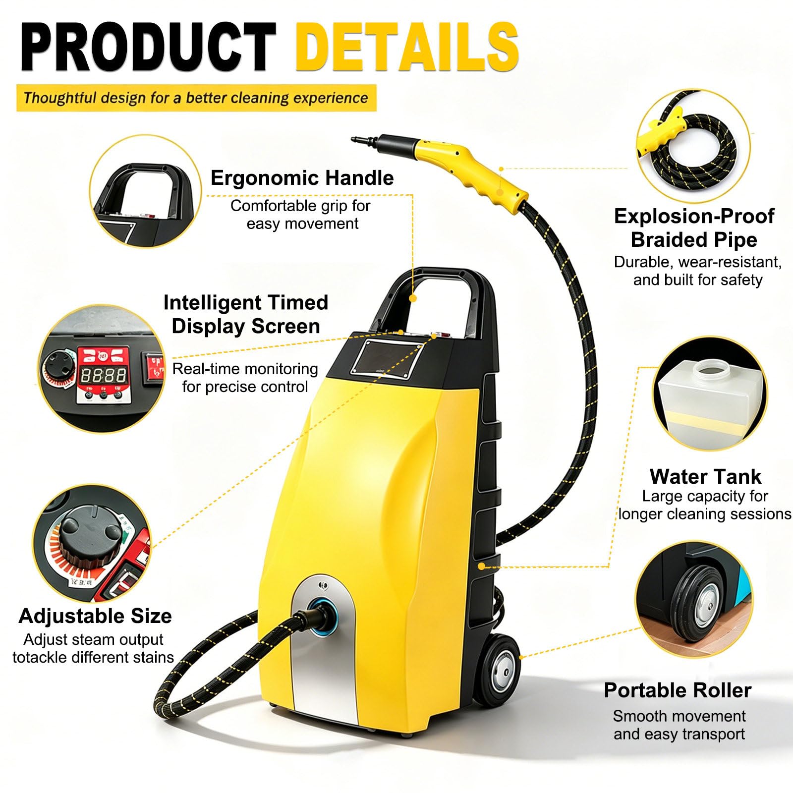Vaporeta Limpieza, Limpiador de Vapor Portátil, Depósito de Agua de 3.5 L Yellow