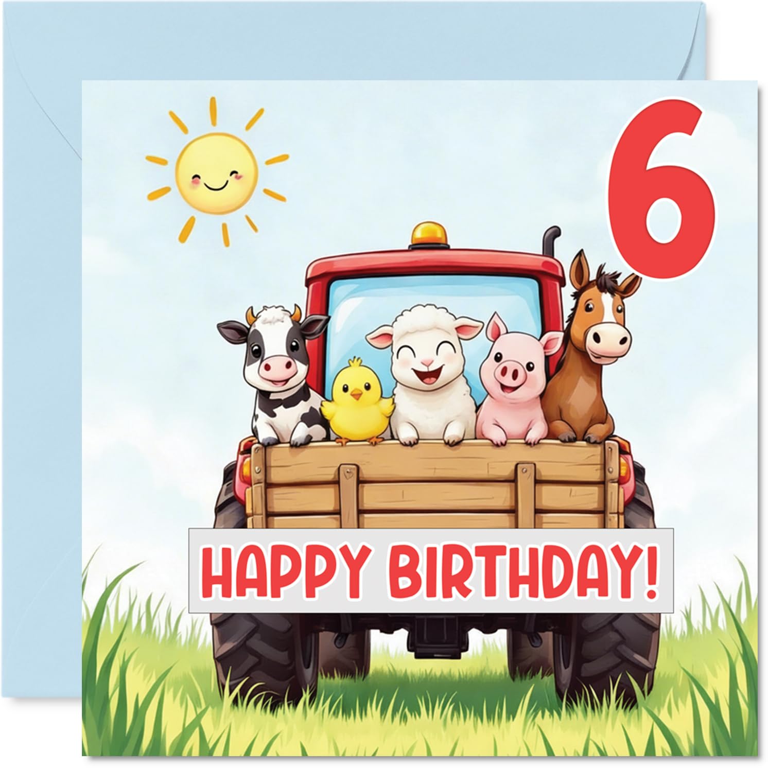 Playful 6th Birthday Card - All Aboard for Birthday Fun - Cartoon Animals Riding a Bright Red Tractor - Bursting with Cheerful Colour and Joy - 145mm Square, Envelope Included