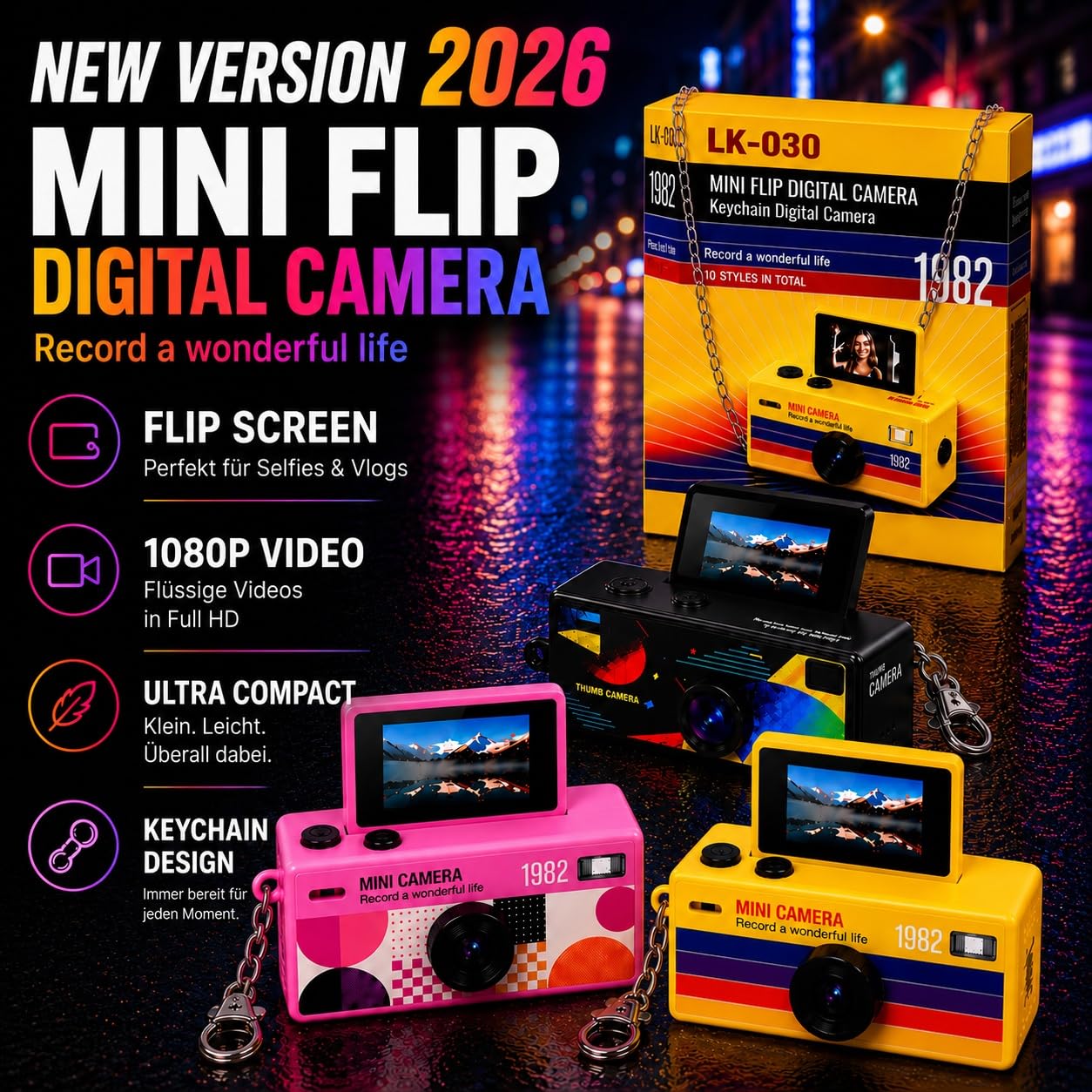 Nano Cam G6 NEW Model 2026 LK-030, Selfie Function, Mini Keychain Digitalkamera mit Flip-Up-Screen, Retro-Design,Retro Cam, bis 128GB (Lemon Yellow)