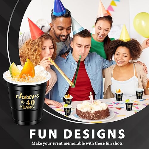 Miniatura 4 de 100 vasos desechables de plástico de 2 onzas con texto en inglés "Cheers to 30", 40, 50, 60, 70 años, vasos de plástico desechables para cumpleaños,
