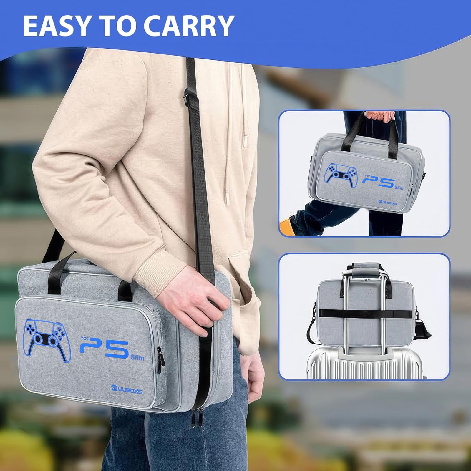 UUBOXS Funda de Transporte Compatible con PS5 Slim, Bolsa de Viaje Protectora para Consola Disk/Digital Edition, Almacenamiento para Accesorios y Mando - Gris