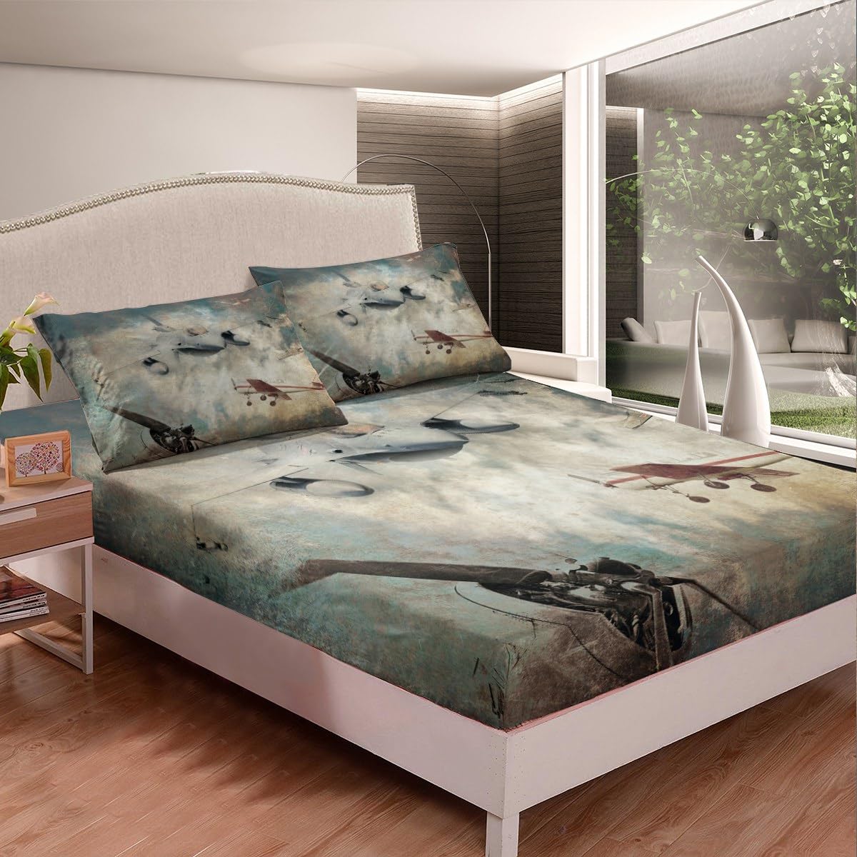 Yasida Spannbetttuch Queen Size + 2 Kissenbezüge – Flugzeug Tarnmuster, Microfaser, 203x152 Cm