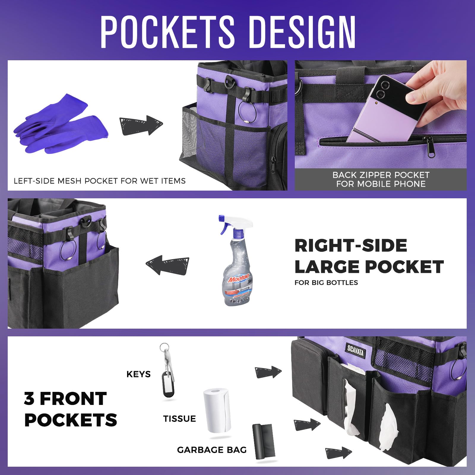 SCAVATA Bolsa de Limpieza portátil, Organizador de Suministros de Limpieza con asa y Correas de Hombro para amas de casa, organizadores de Herramientas de Limpieza Debajo del Fregadero y Coche con 4