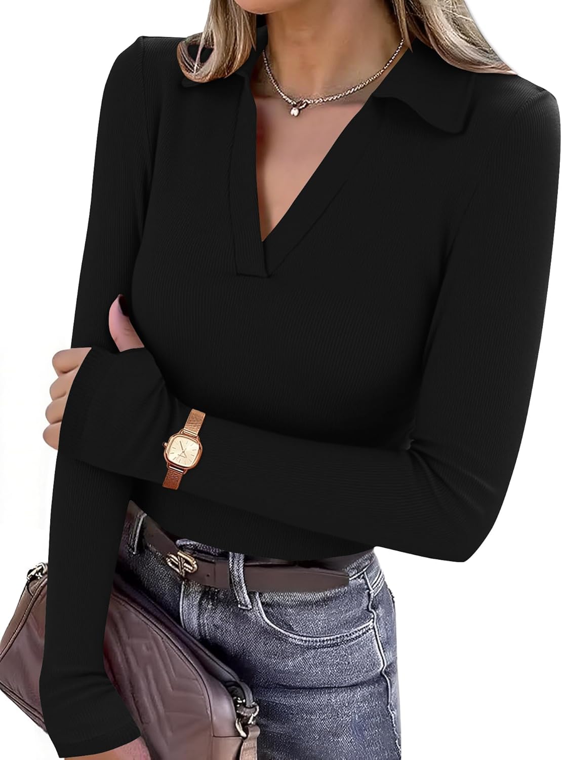 LOMON Womens Pullover Sweaters Y2K Going Out Tops Deep V Neck Polo Shirt Thumb Holes Ribbed Long Sleeve Tops for Women