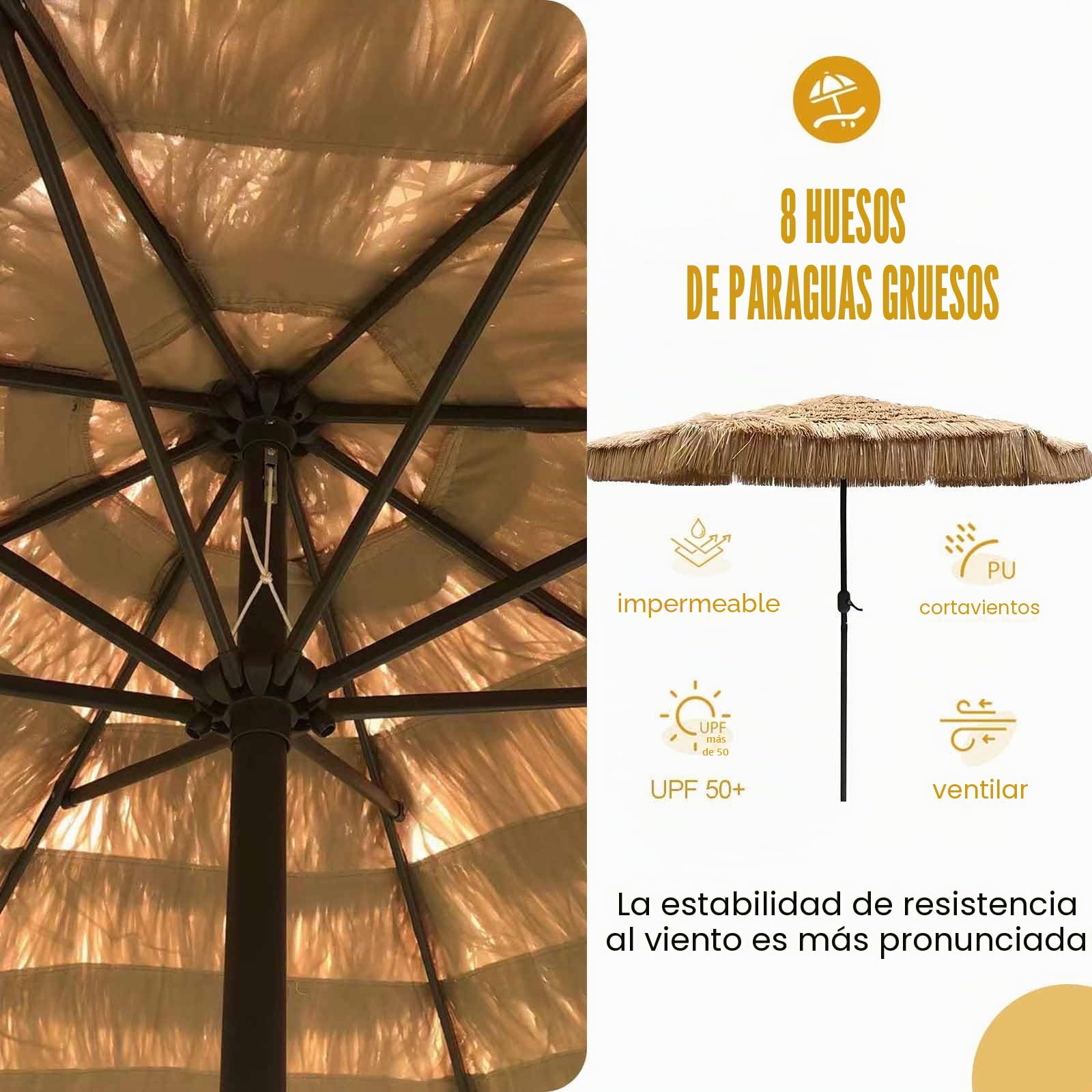 Sombrilla Playa Grande De 270cm Con 8 Varillas, Funcionamiento Con Manivela, Antiviento Sombrillas Terraza Exterior Sombrilla Playa De Paja De Pp Protección UV Para Playa Jardín Patio Exterior