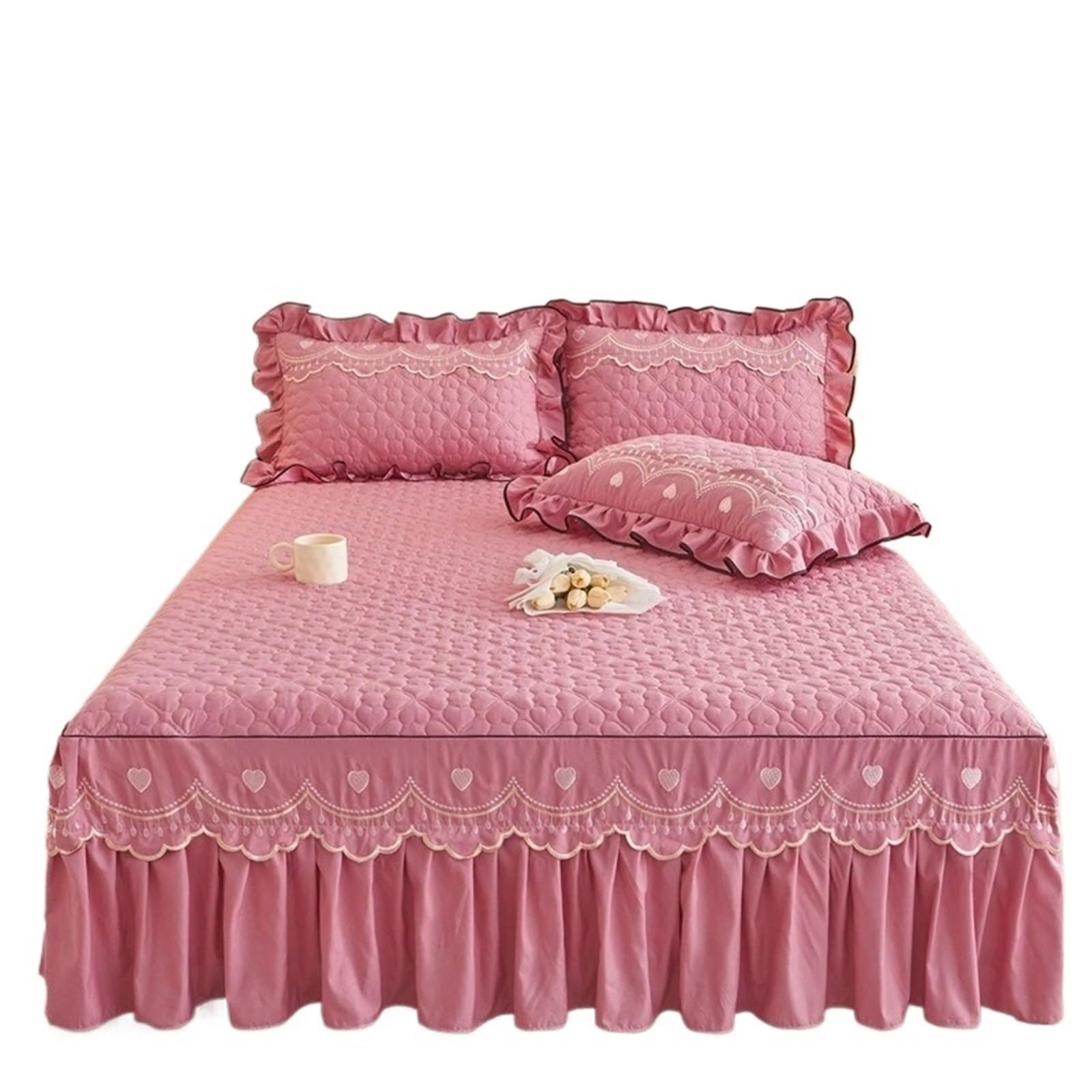 Ruffled Bedspread Quilted Bed Skirt Thick Clip Cotton Bedspread Skin-friendly Breathable Mattress Protector With Strap For Bedroom(Color 3,1PC-150x200cm)