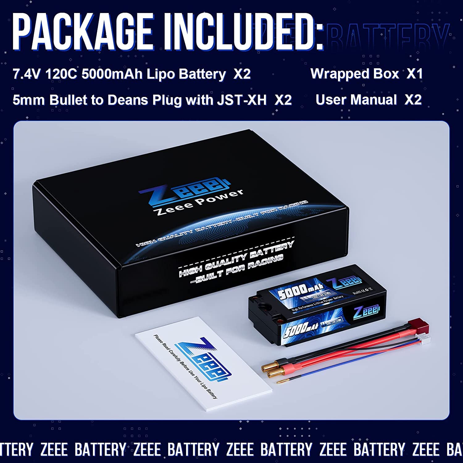 Zeee 2S Lipo Batteria 5000mAh 7.4V 120C con 5mm Bullet to Deans Plug Batteria Corta per Scala 1:10 Veicoli RC Auto Camion Barca Modelli RC (2 Pezzi)