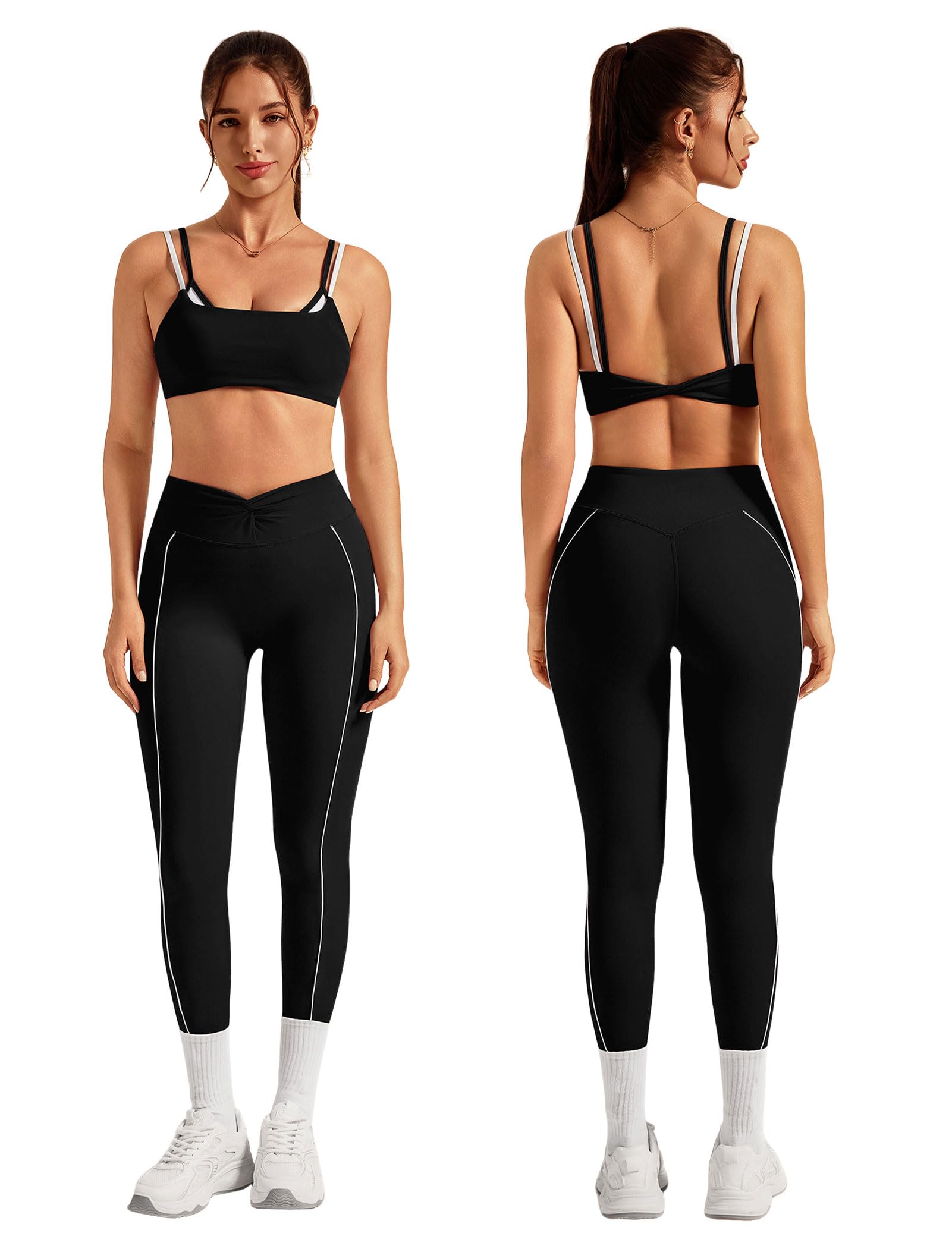 ABOCIW Workout Workout Sets Color Block Twist Back Layered Sports Bra Twist Waist Leggings Gym Yoga Outfits