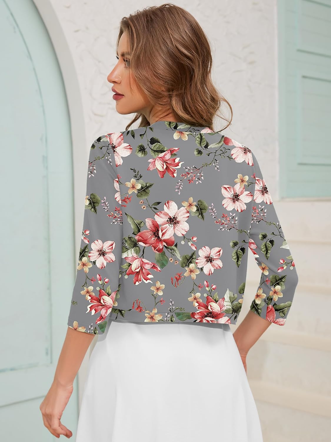 Women's 3/4 Sleeve Open Front Cardigan V-Neck Knit Cropped Bolero Shrug Sweater for Women - Image 5