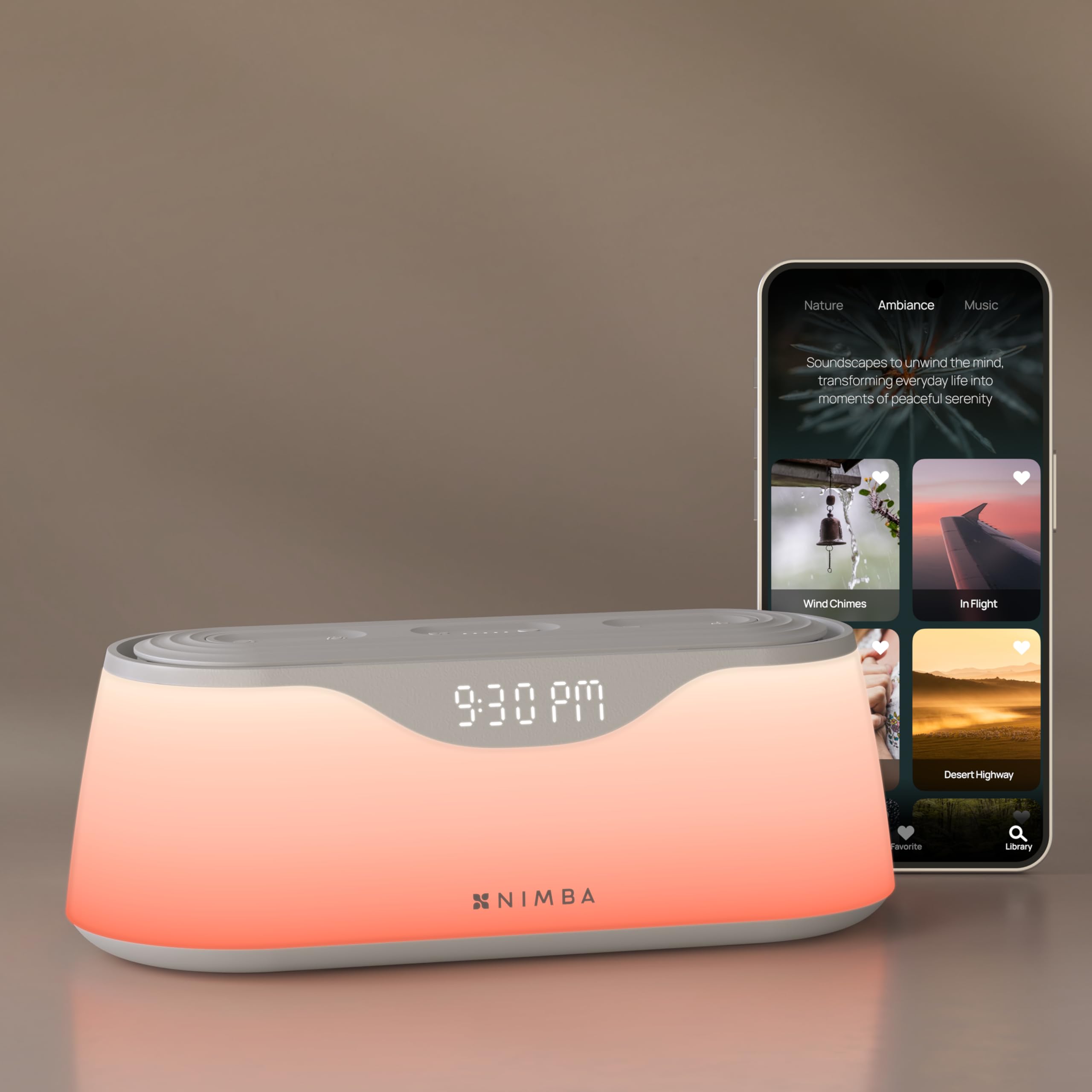 Nimba OFLO Sunrise Alarm Clock with 35 Expertly Tuned Soundscapes &amp; 6 Natural Light Modes - Light Therapy Wake-Up Clock for Heavy Sleepers, App Control Bedside Sound Machine with Soothing White Noise