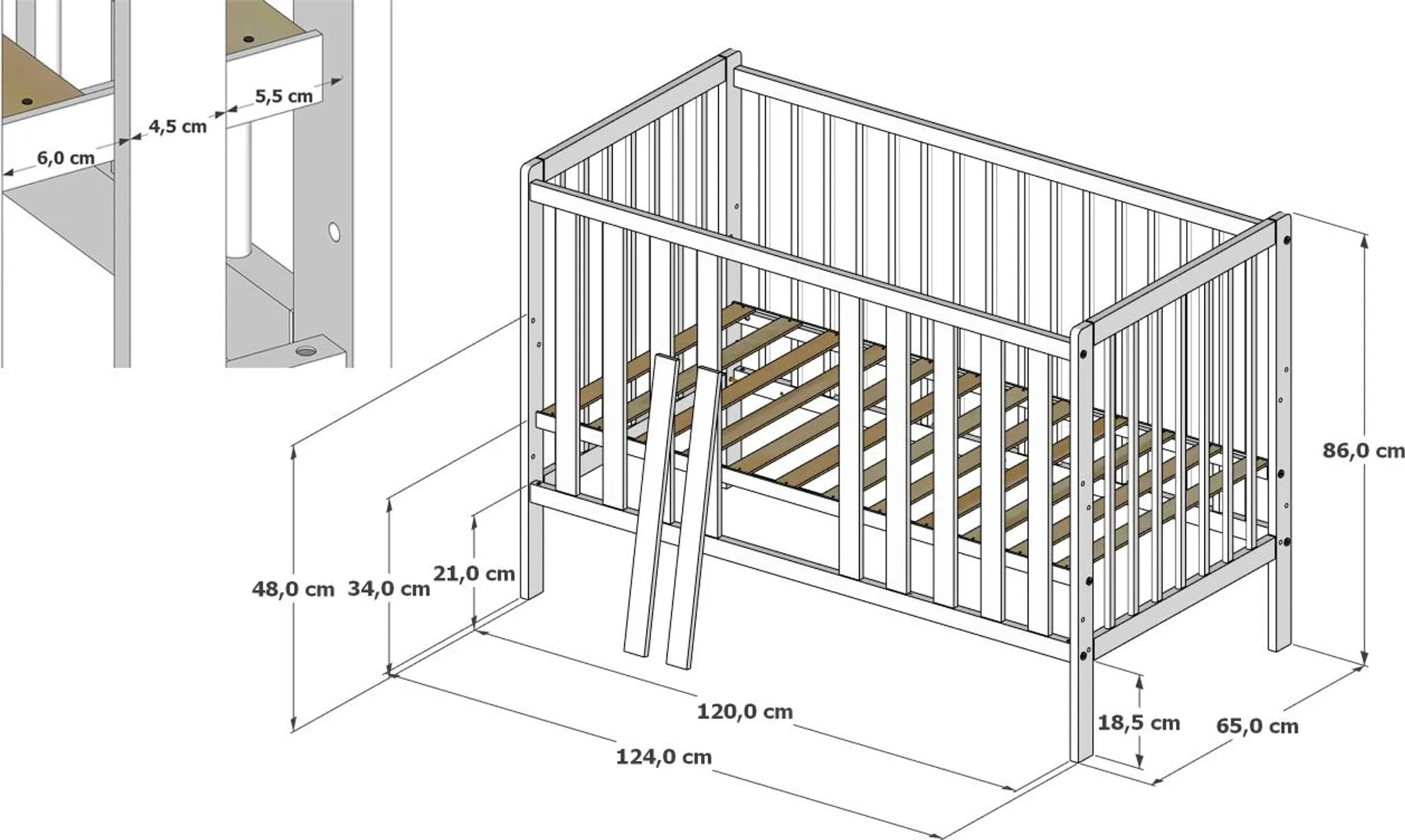 zee - Babybett Kommode, Kinderbett 2w1 Bett Bambi 120x60 - Dreistufige Einstellung für Nicht Sitzendes, Sitzendes und Stehendes Kind - mit Geländer - Set mit Kommode LOFT - Mint