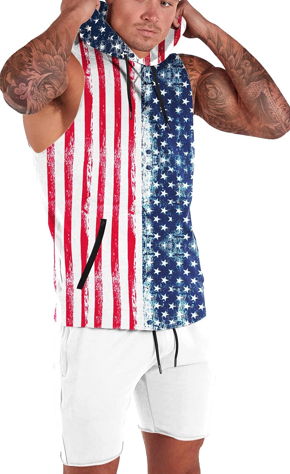 Men's Hooded Workout Tank Tops Bodybuilding Muscle Tshirt Gym Zipper Pocket Sleeveless Hoodie