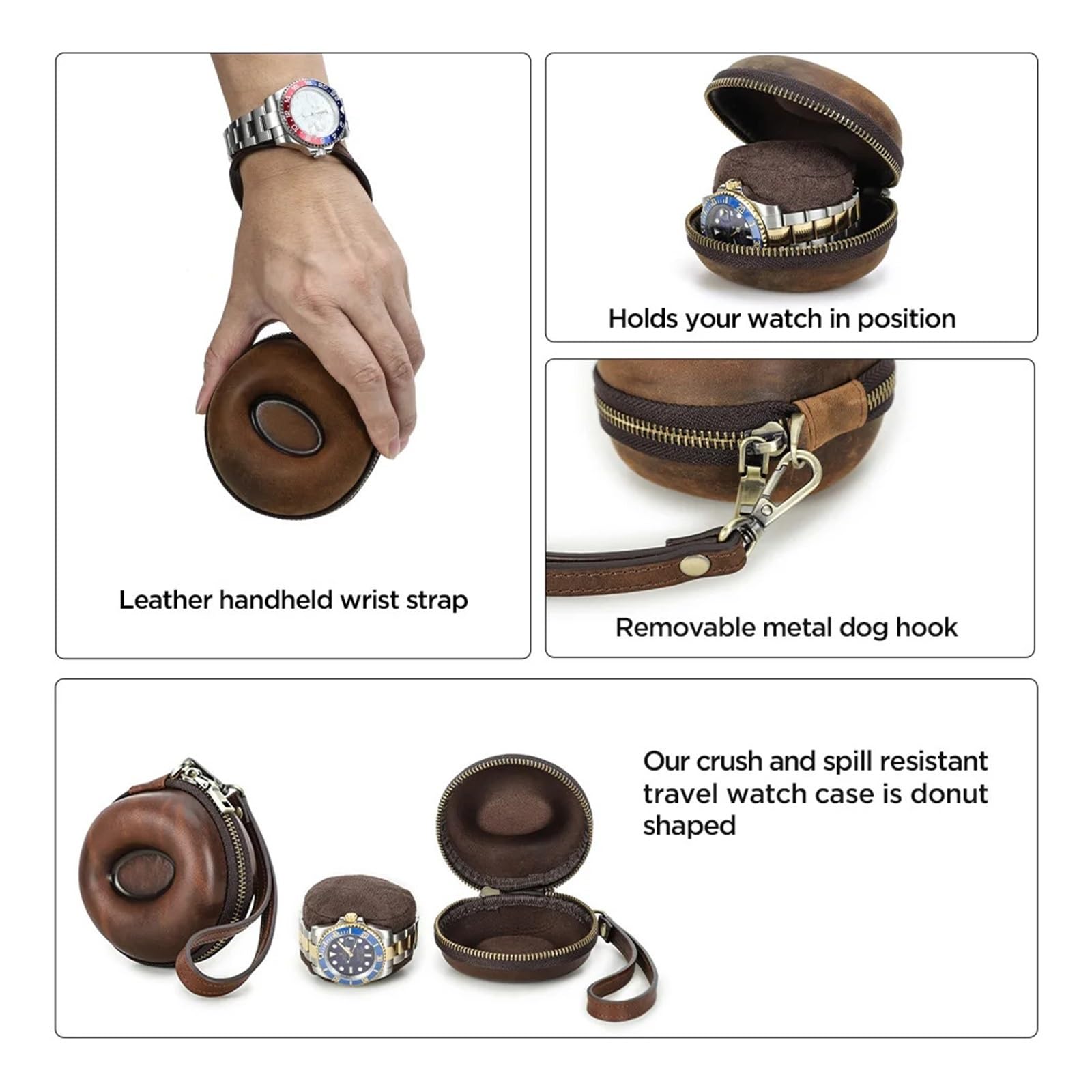 Boîte de rangement pour montre portable en cuir véritable avec fermeture éclair pour ranger pièces de monnaie et montre connectée (café)