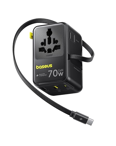 Baseus 70W Universal Travel Adapter, 6-in-1 International Plug Adapter with Retractable Cable, USB-C PD Fast Charging Worldwide Wall Charger for USA/EU/UK/AUS and Over 200 Countries - Enercore CG11