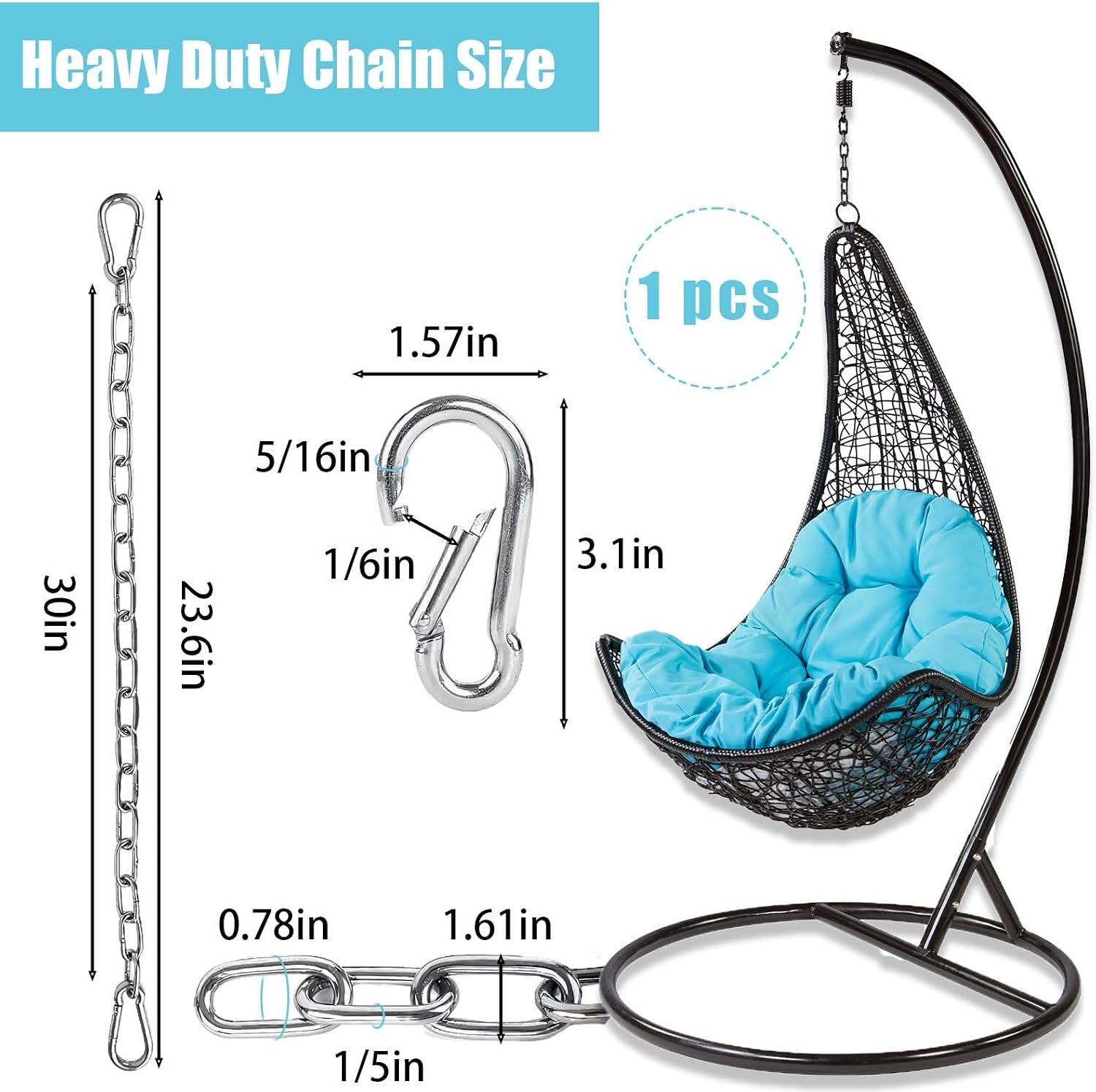 Heavy Duty Chains for Swing, 440LB Hanging Chair Chain with 5/16 Thick Clasps, Adjustable Stainless Steel Chain Extension for Porch Tree Swing Hammock Chair Boxing Bag Yoga Gym (30 Inch)