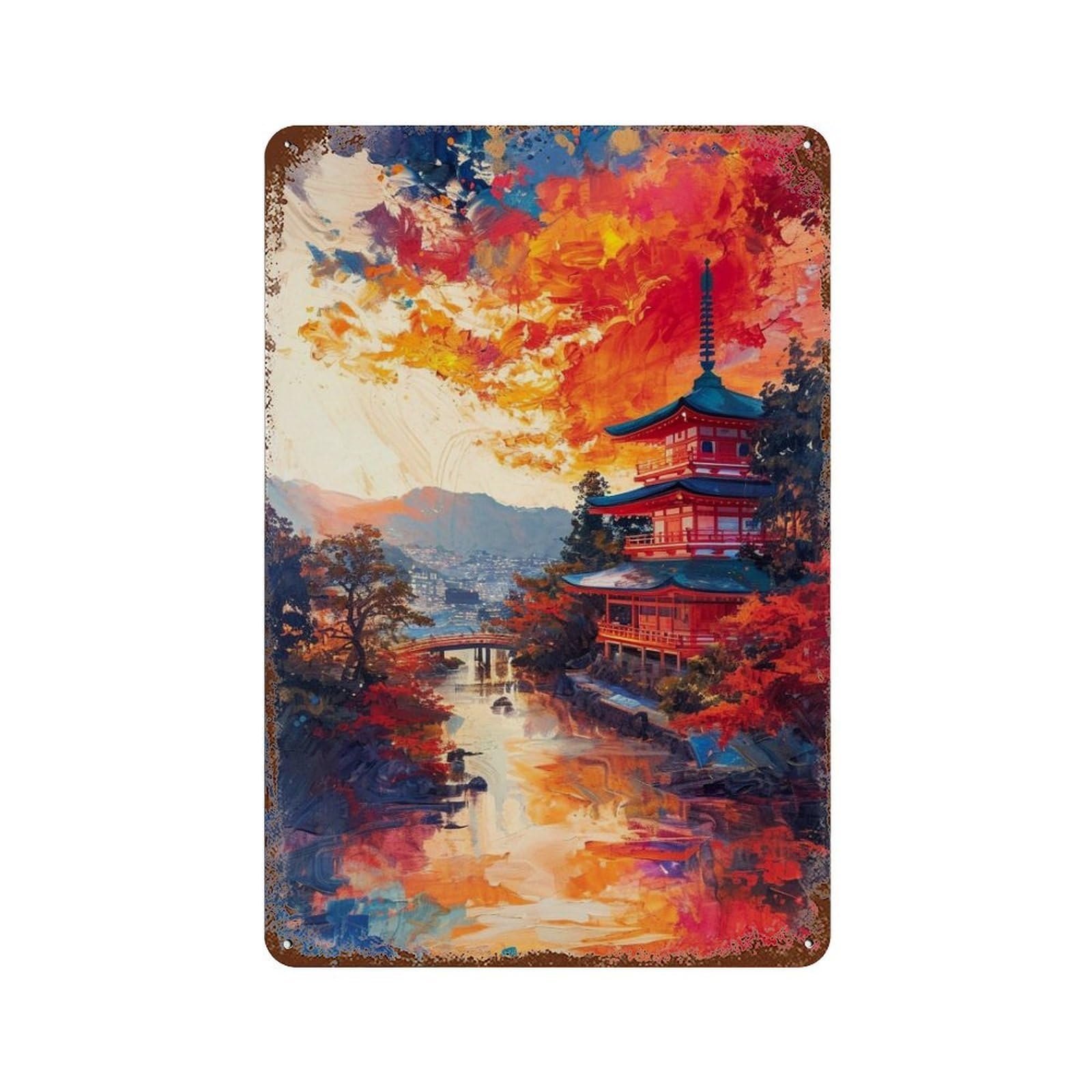 Japanese Pagoda Sunset Rustic Tin Plaque 11.8"x7.9", for Shed, Workshop And Garage Wall Decor, Farmhouse Wall Decor