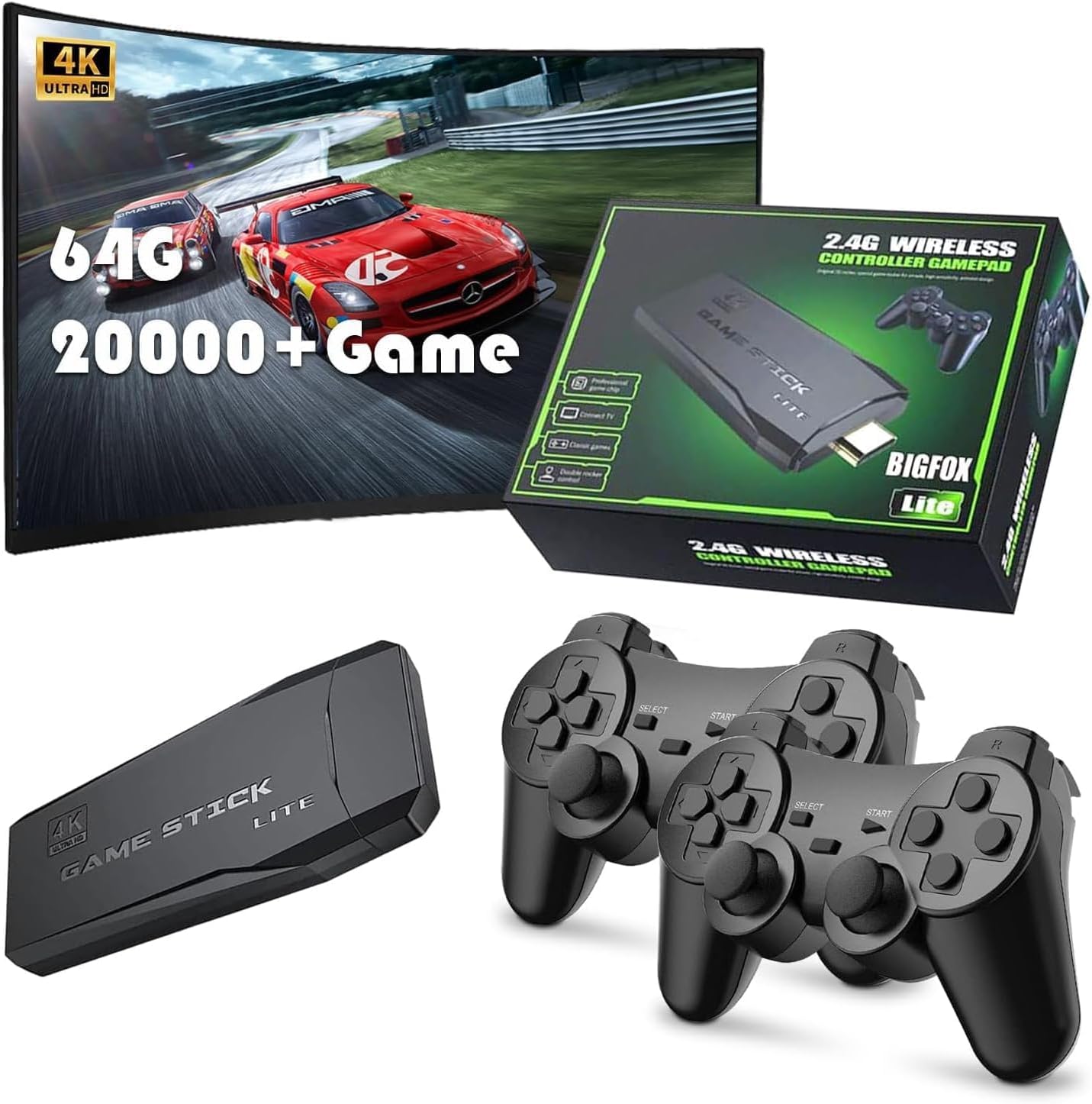 Wireless Retro Game Console, Retro Game Stick, Plug and Play Video Game Stick Built in 10000+ Games, 4K HDMI Output, with 2.4G Wireless 2 Controllers, 9 Classic Emulators(64G)