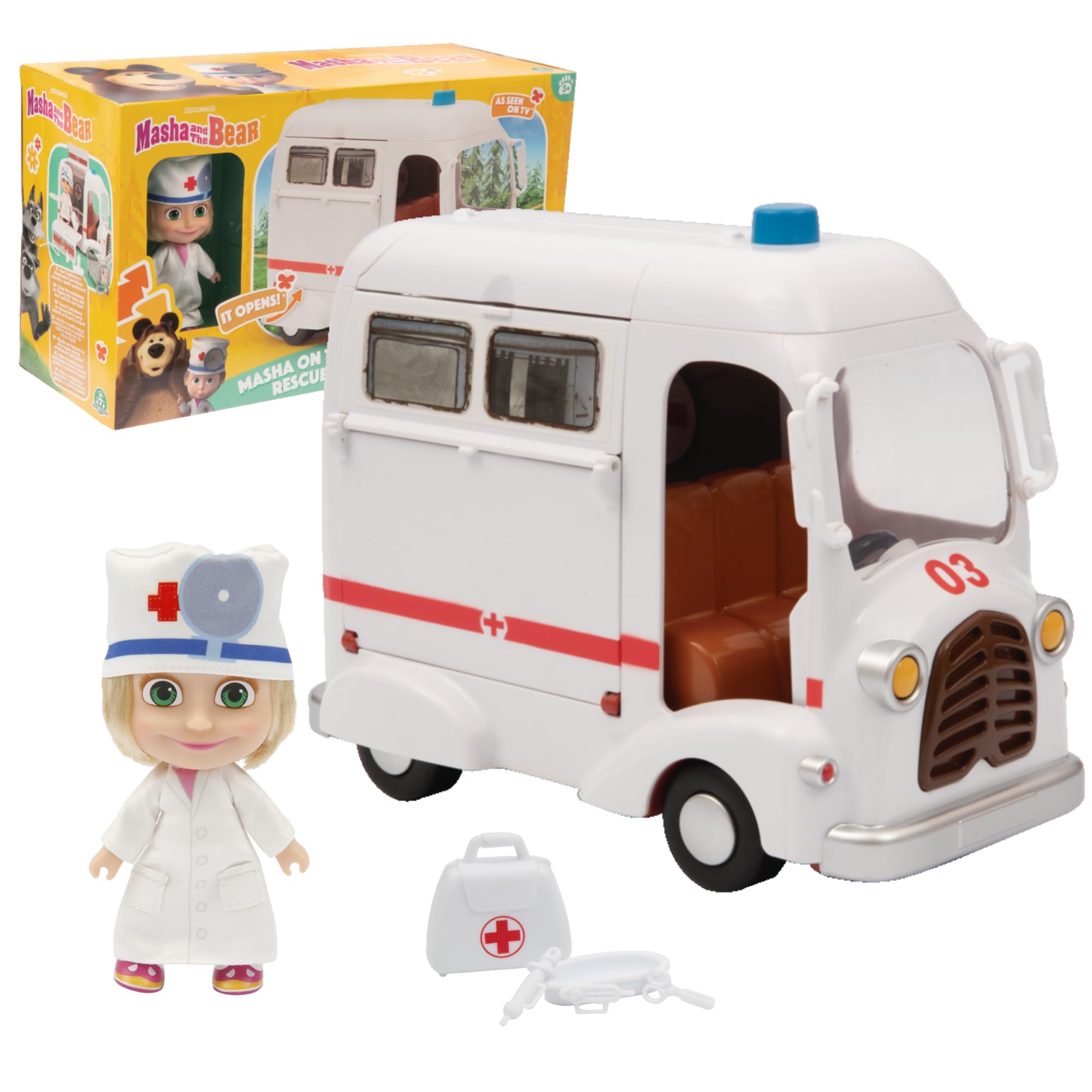 MASHA & THE BEAR - Ambulanza Di Masha E Orso, Veicolo Con Vano Apribile E Bambola Masha Dottoressa Da 12 Cm Inclusa, Ricca Di Accessori, Per Bambini e Bambine dai 3 anni