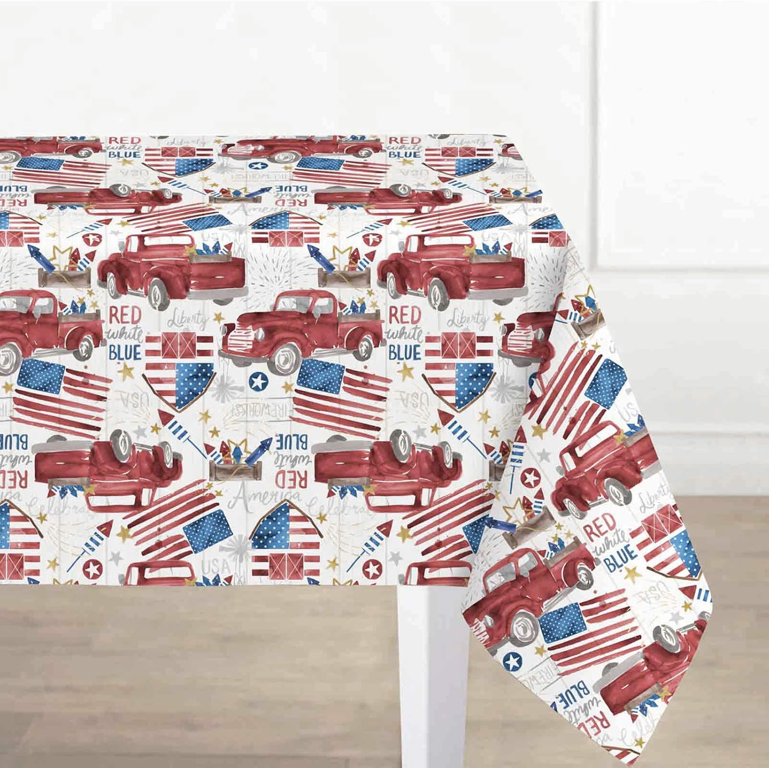 Best Deal Cheap 🛒 Newbridge Patriotic Truck Red, White and Blue Vinyl Flannel Backed Tablecloth, American Celebration Flags and Fireworks Theme Waterproof Patio Tablecloth, 60 Inch x 84 Inch Oval Free Shipping Over $50 Newbridge Patriotic Truck Red, White and Blue Vinyl Flannel Backed Tablecloth, American Celebration Flags and Fireworks Theme Waterproof Patio Tablecloth, 60 Inch x 84 Inch Oval