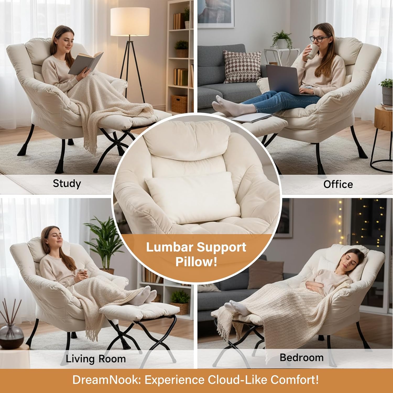 Lazy Chair with Ottoman, Modern Accent Chair with Lumbar Pillow, Velvet Beige Sofa, Armchairs with Folding Footrest, Oversized Supportive Chairs for Bedroom, Reading