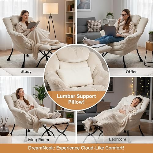 Miniatura 6 de Silla perezosa con otomana, silla decorativa moderna con almohada lumbar, sillas cómodas con reposapiés plegable para dormitorio, lectura, sillas de