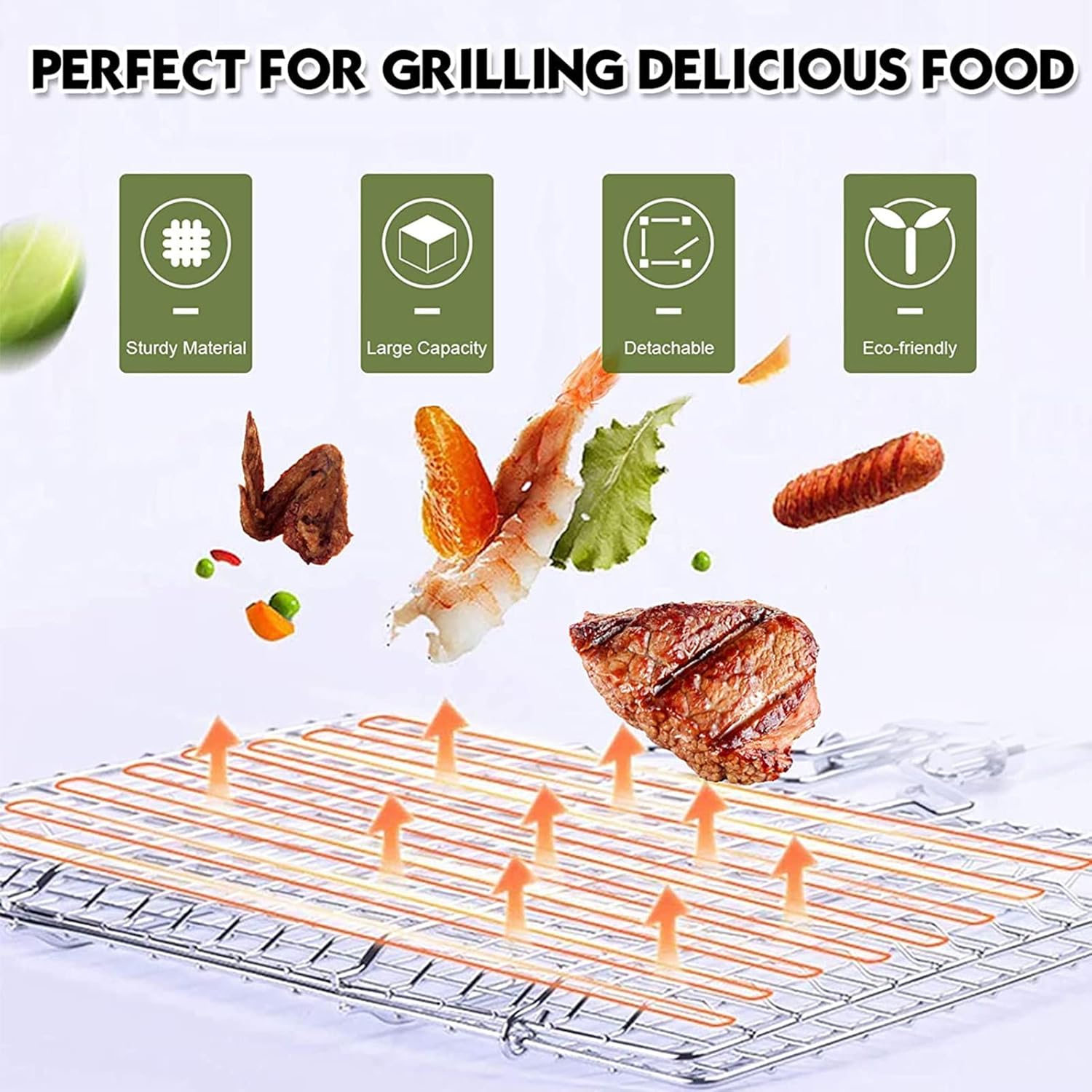 BBQ Basket, Multipurpose Grill Basket with Handle for Meat, Fish, Shrimp, Vegetables