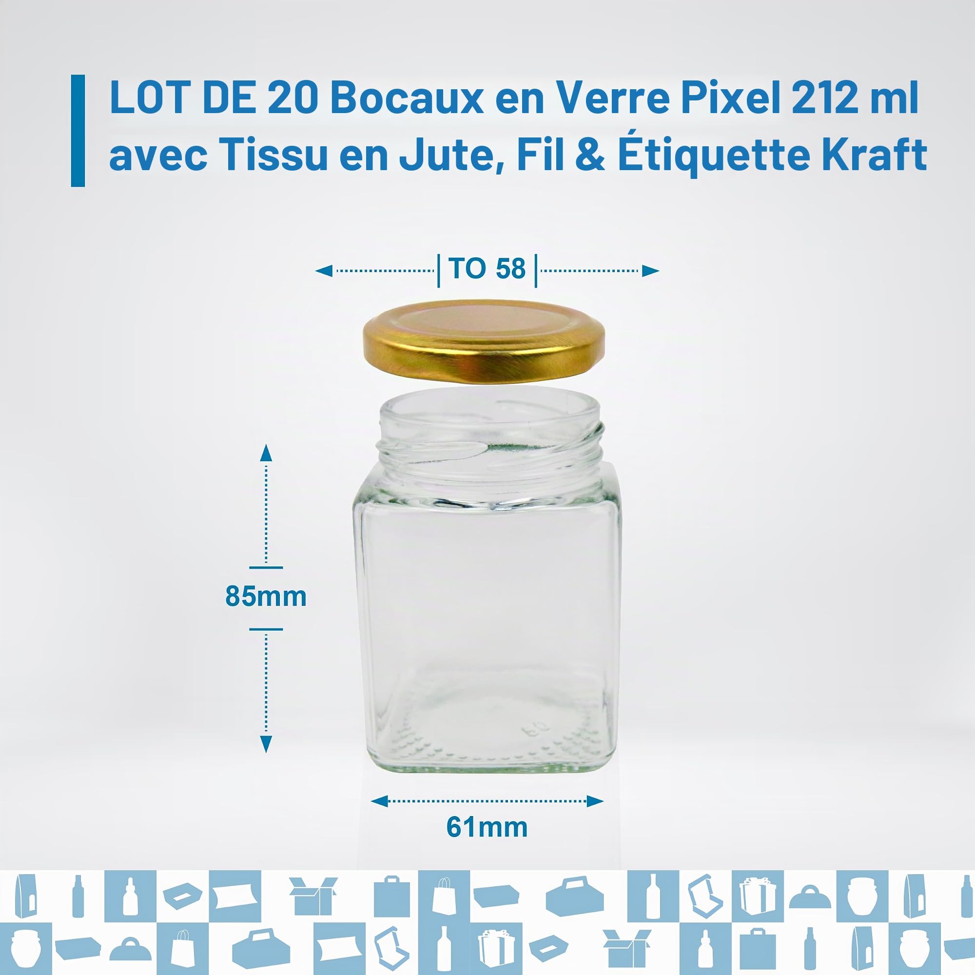 Espirito Rebelde 20x Pot en Verre Carré pour Épices 212ml avec Couvercle + 20 Étiquettes Kraft + Tissu et Ficelle de Jute - Bocaux Rangement Cuisine - Épices, Confiture, Yaourt