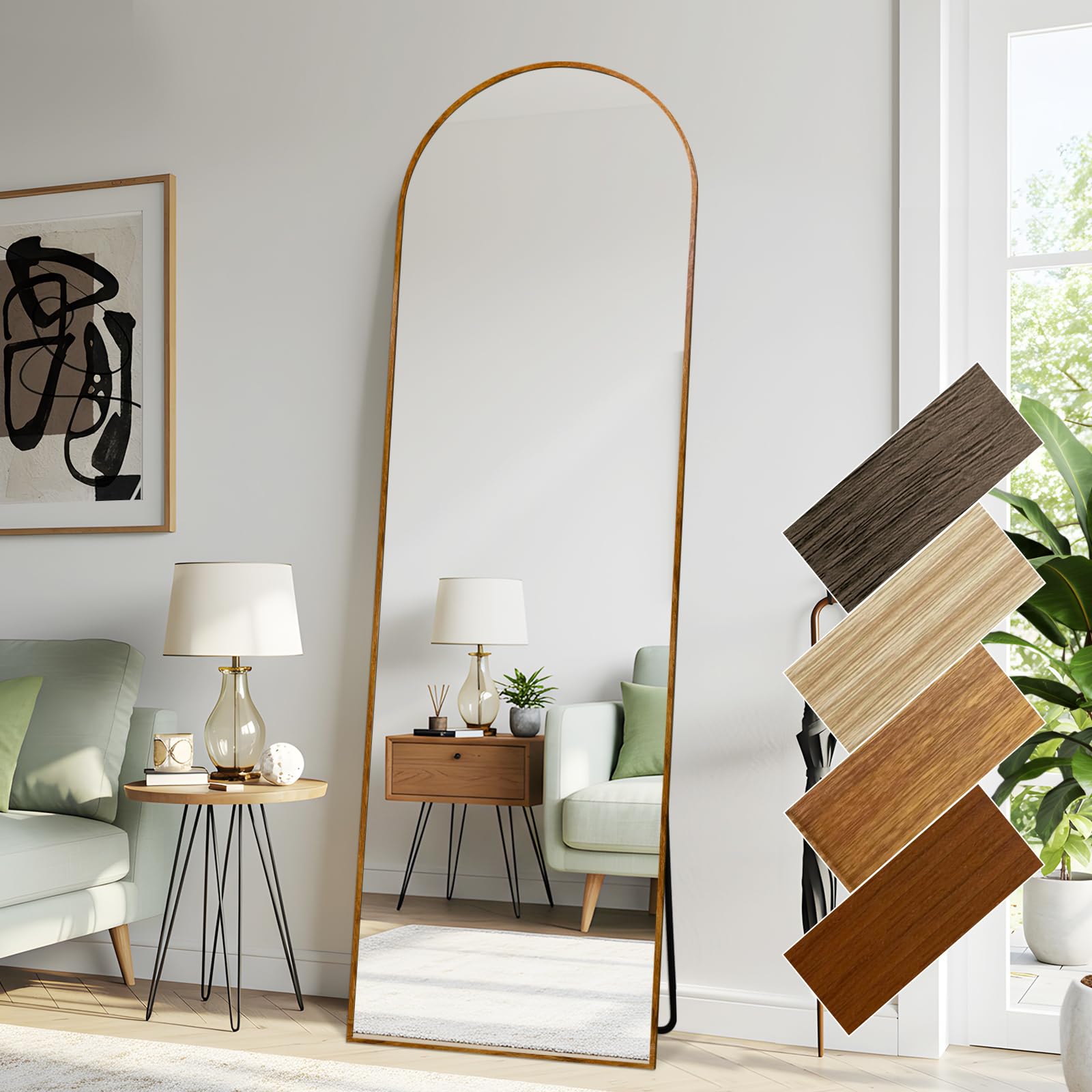 LunaMirror 52x161 CM Arched Full Length Mirrors Aluminium Frame in Yellowish Wood Look Free Standing Tempered Glass Floor Mirror Full Body Wall Mountable for Bedroom, Living Room, Hallway