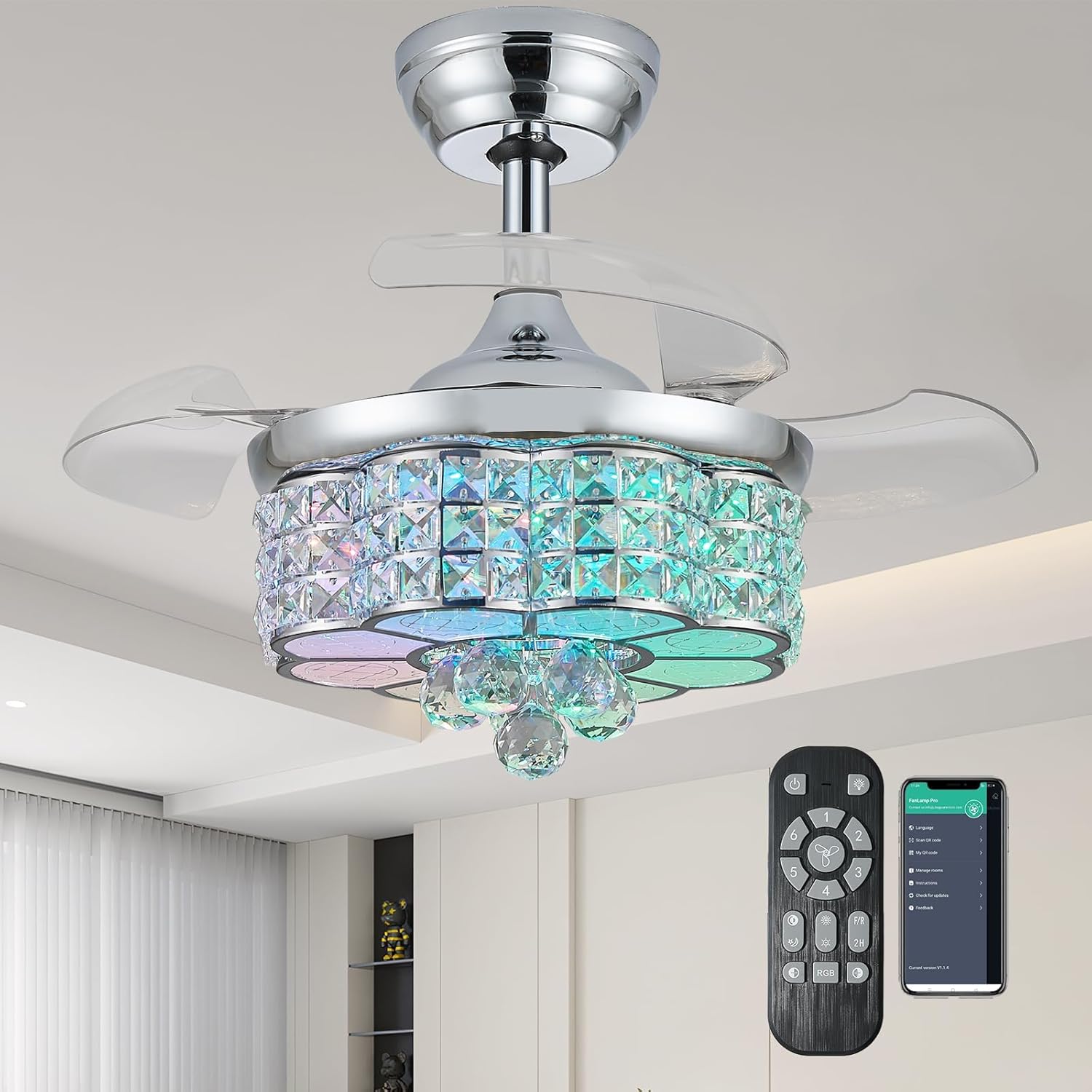30" RGB Crystal Retractable Ceiling Fan with Light Dimmable LED Chandelier, Remote & App Control, 6-Speed Timer, Memory Function for Bedroom Living Room,Silver