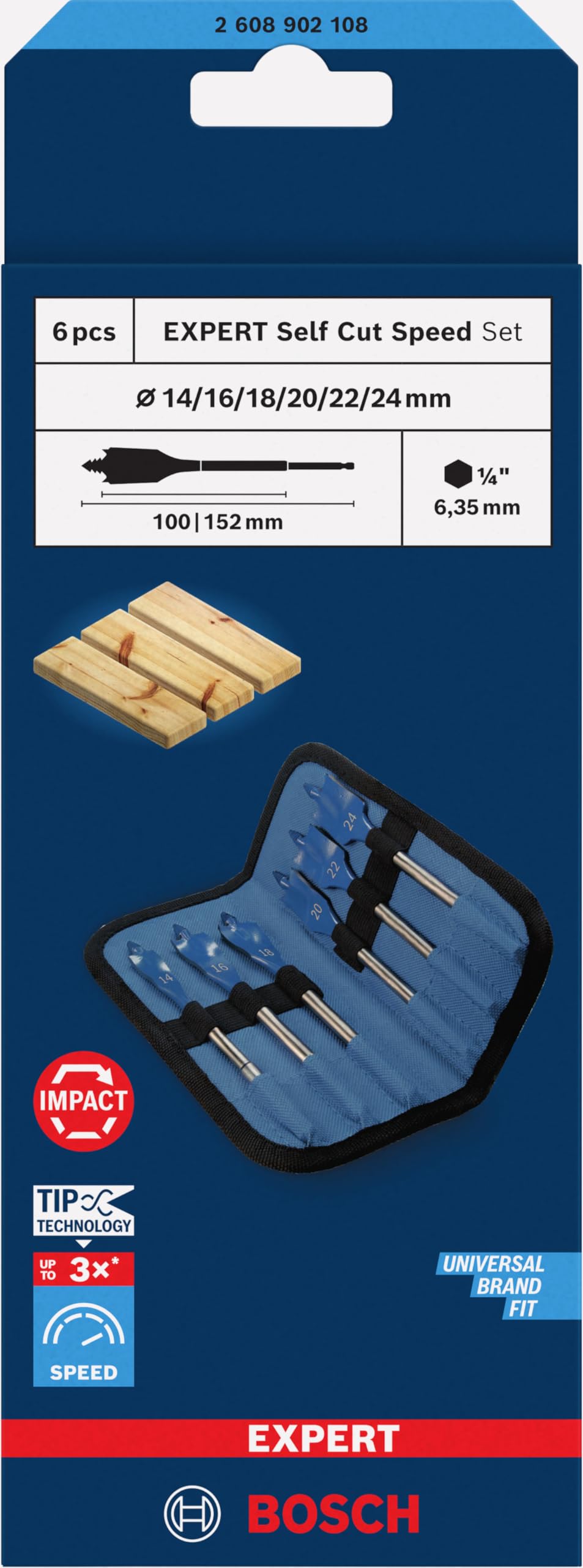 Bosch 6x EXPERT Self Cut Speed Flachfräsbohrer-Sets (für Weichholz, Spanplatte, Ø 14-24 mm, Professional Zubehör Bohrmaschine)