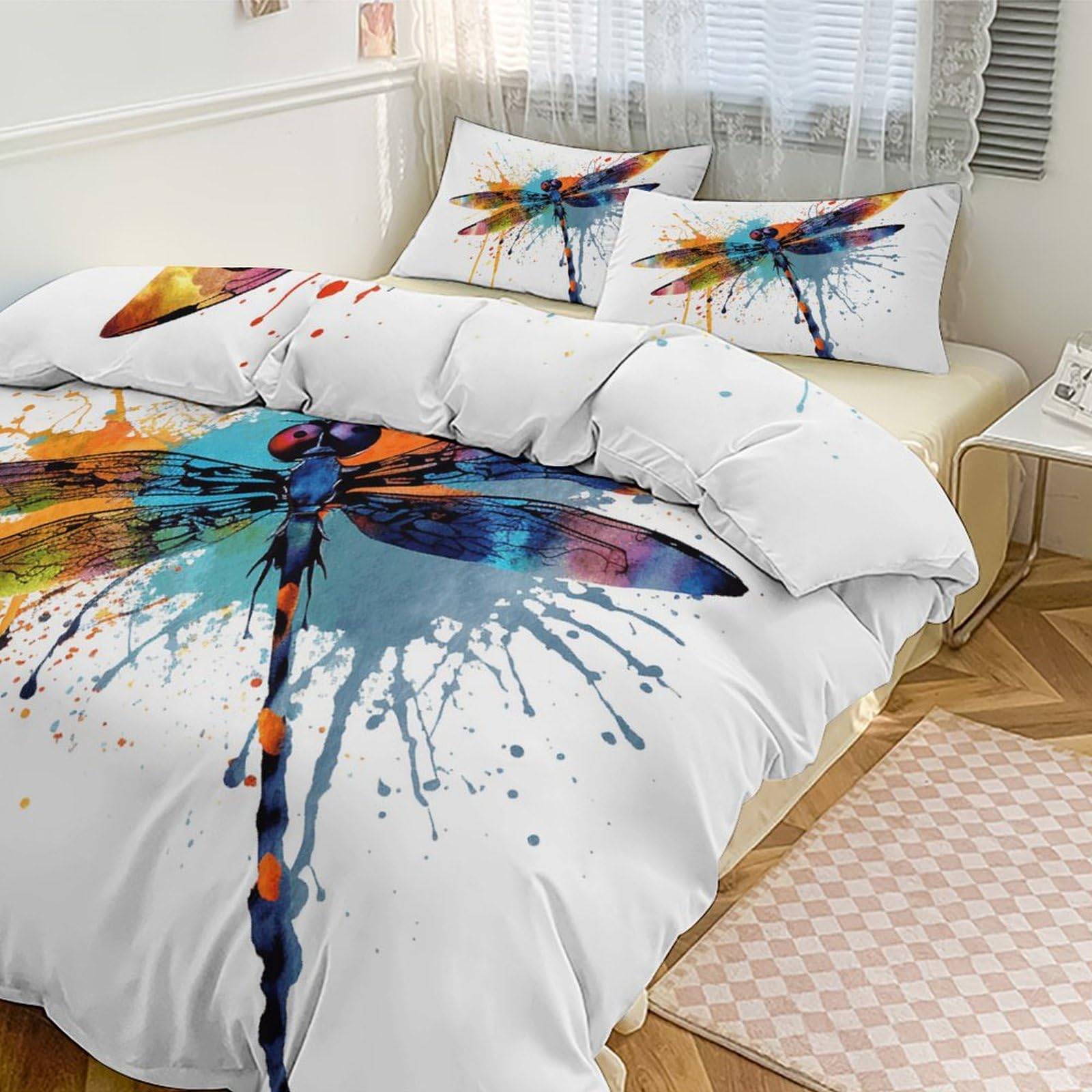 Parure de lit grand lit imprimé libellule avec 3 pièces