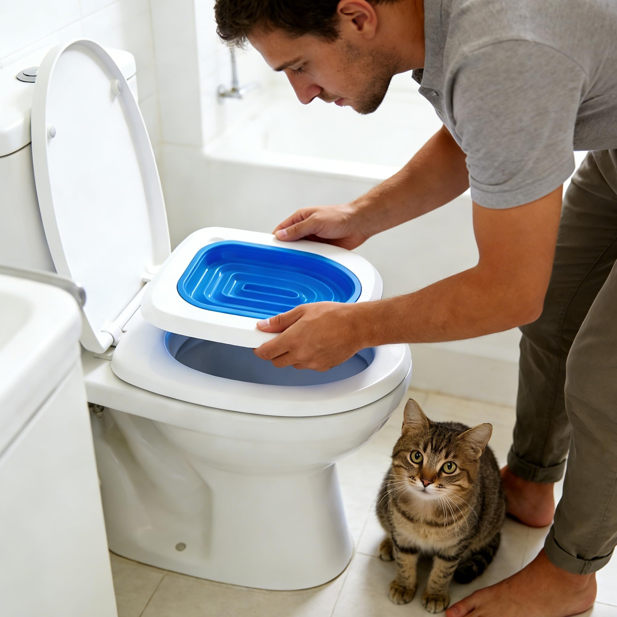 SUQ Cat Trainer Toilet Kit de Formation aux WC pour Chats, Pack Réutilisable en Plastique Bleu