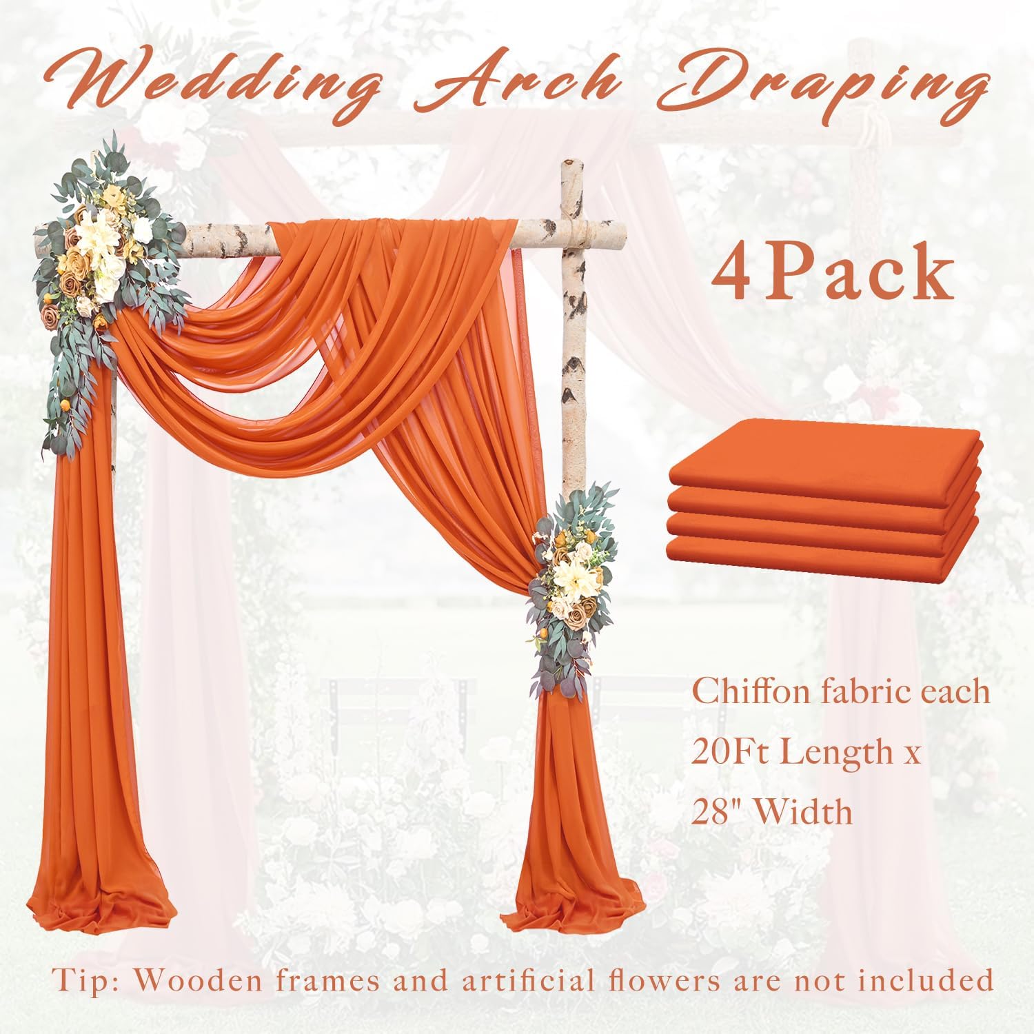 4 Panels Wedding Arch Draping Fabric 20Ft Length x 28" Width Orange Arch Drapes Chiffon Fabric Sheer Curtains Backdrop for Party Bridal Decorations Wedding Ceremony Ceiling Stage Reception Decor