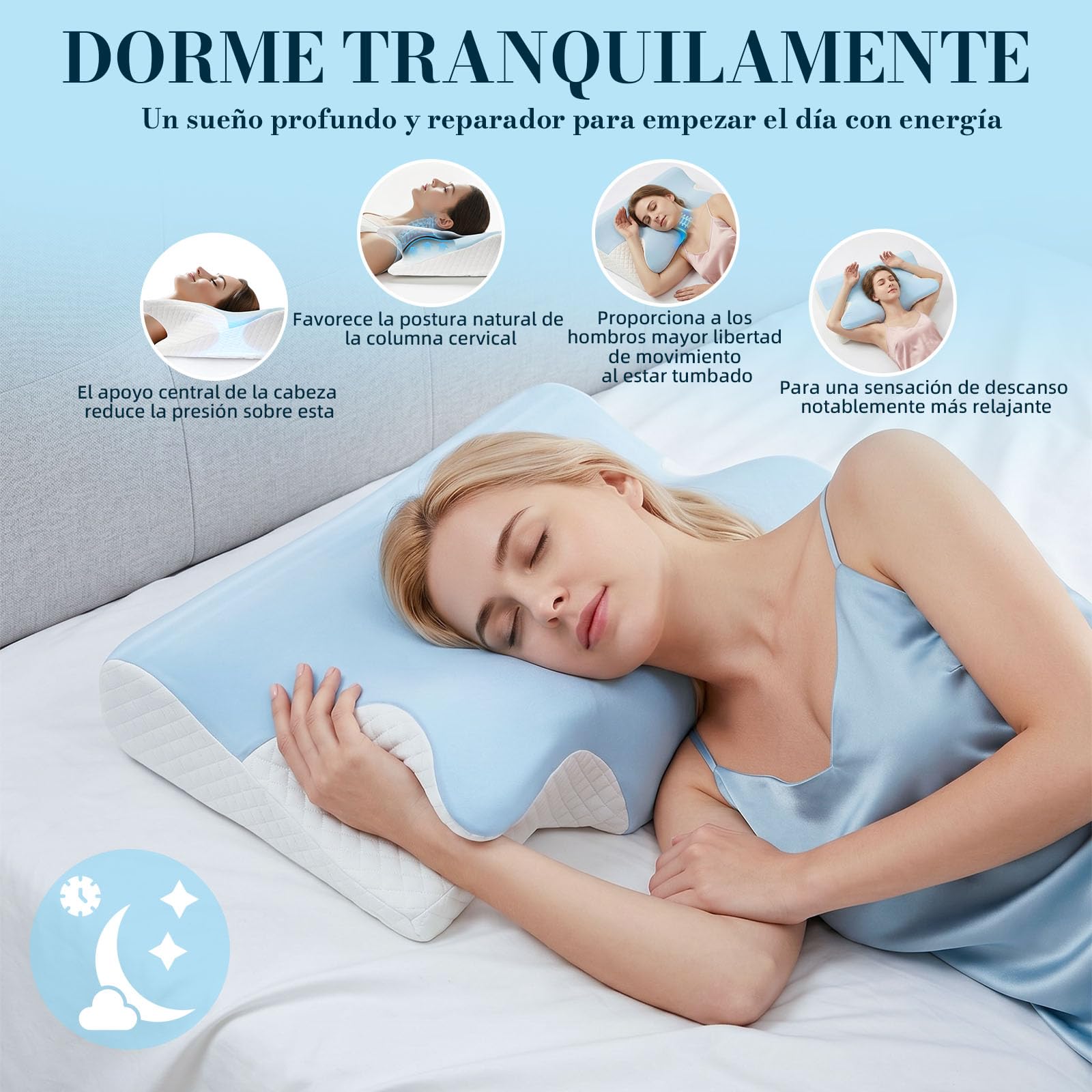Almohada cervical ergonómica, espuma viscoelástica, color azul claro