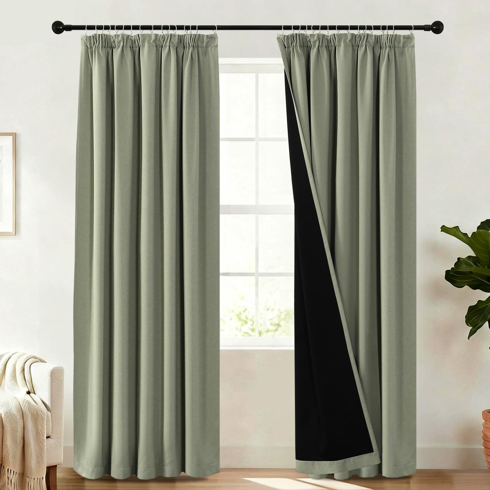 BellaHills 100% Blackout Curtains for Bedroom Thermal Insulated Curtains & Drapes for Living Room Black out Window Curtain with Hooks Pencil Pleat Back Tab Rod Pocket 2 Panels, W90 X L90, Light Sage