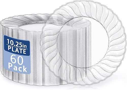 U-QE 60 piezas de platos de plástico transparente - Platos desechables transparentes de 10.25 pulgadas - Platos lavables y reutilizables - Platos
