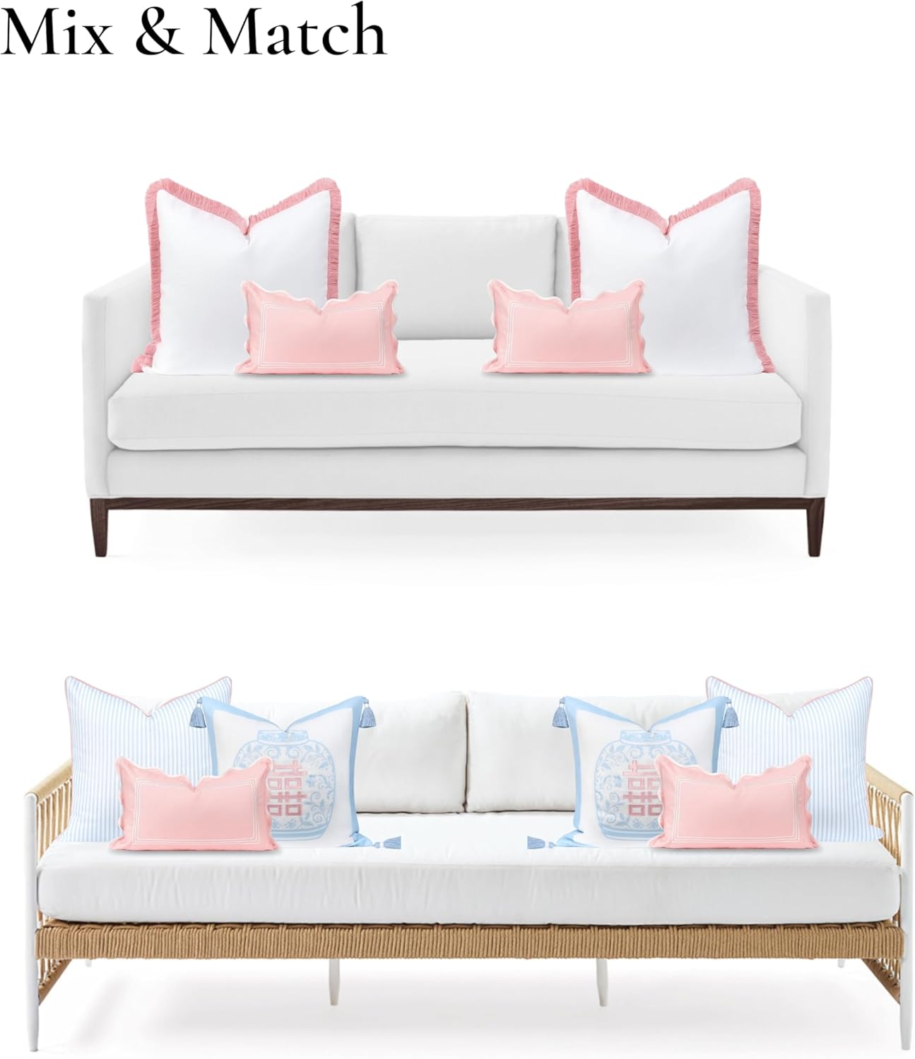 Hofdeco Premium Coastal Grandmillennial Scalloped Patio Indoor Outdoor Lumbar Pillow Cover Only, 12"x20" Water Repellent for Backyard, Couch, Poolside, Blush Pink Embroidered Frame