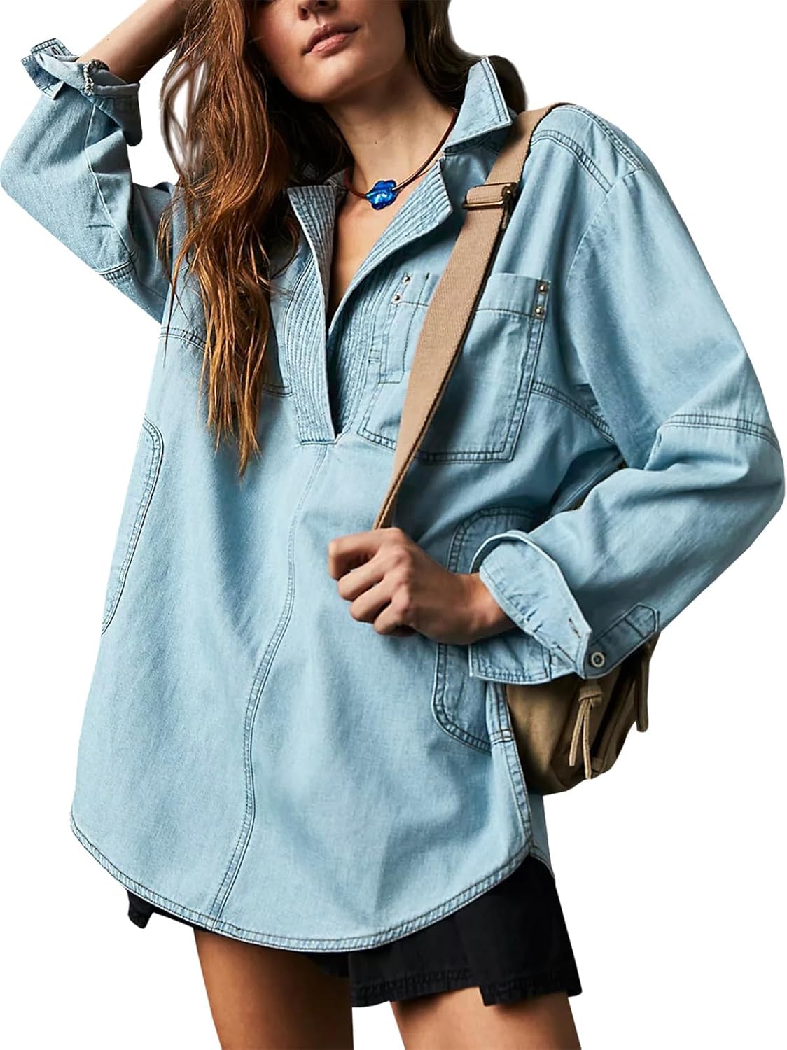 chouyatou Women's Distressed V Neck Denim Jackets Boyfriend Loose Fit Bussiness Casual Jean Pullover Tops