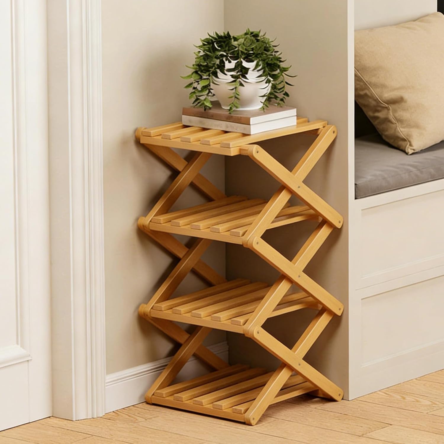 The 9-Tier No-Assembly Bamboo Rack, 2/4/6/8/10 Accordion Bamboo Shoe Rack Organizer, No Assembly, Foldable Space-Saving for Entryway Closet Dorm (Natural,4nd Floor)
