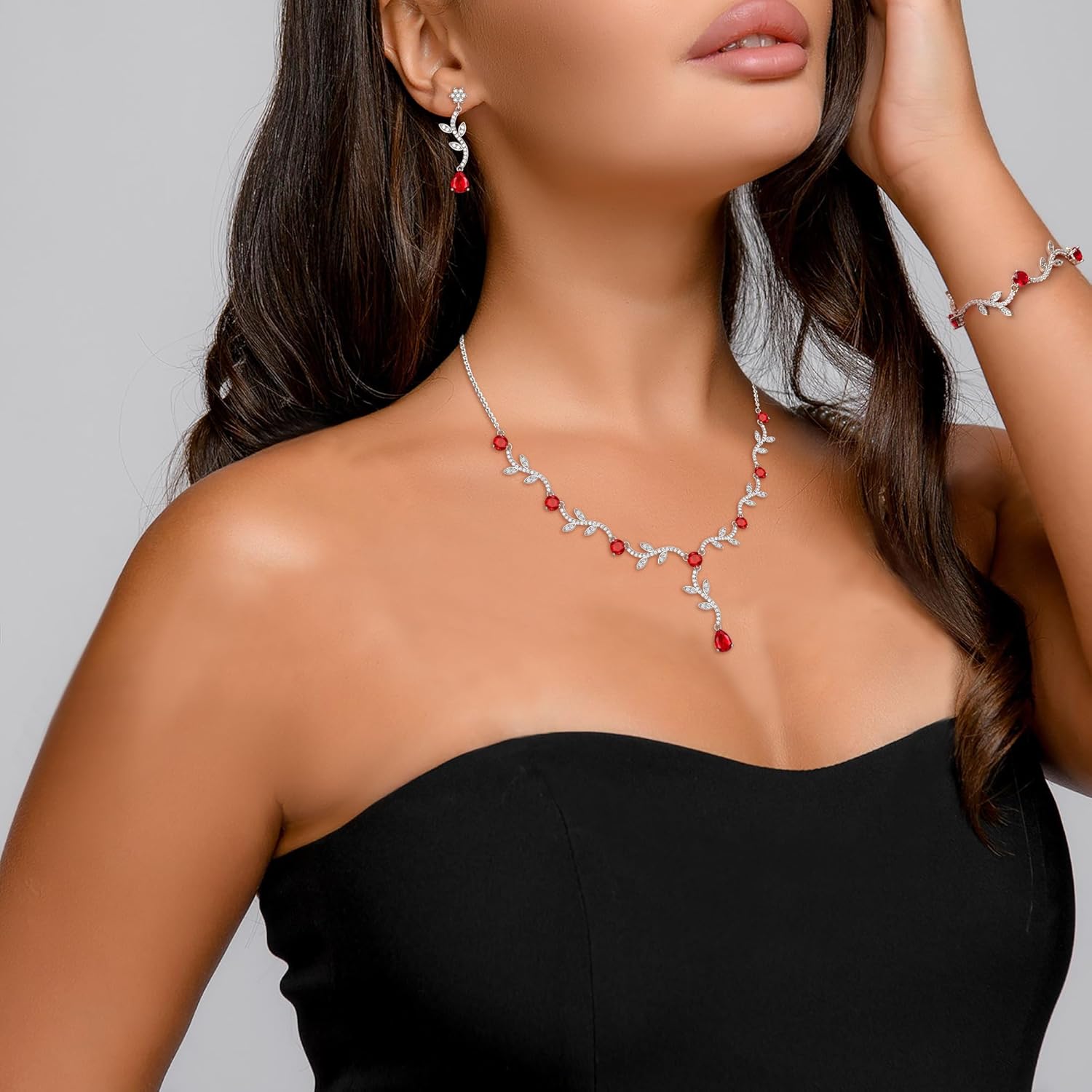 Crysdue Wedding Vine Jewelry Set for Brides Bridesmaid, Cubic Zirconia Elegance Teardrop Necklace Bracelet Dangle Earrings for Wedding Prom Party, Leaves Bridal Jewelry