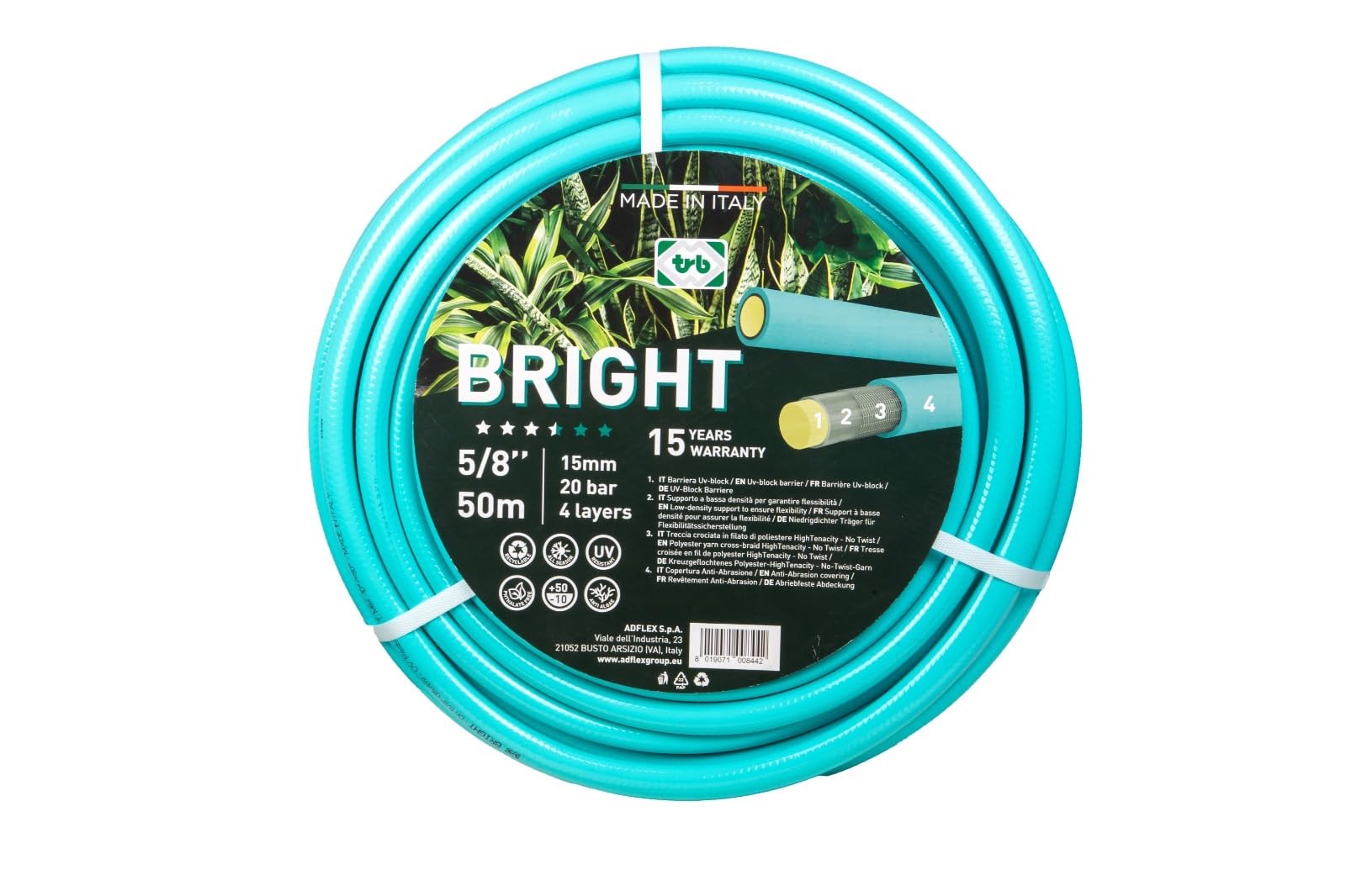 Tubo BRIGHT per Irrigazione, Ø15mm (5/8"), 4 Strati, Antitorsione, Resistente UV, Verde Acqua (50M)