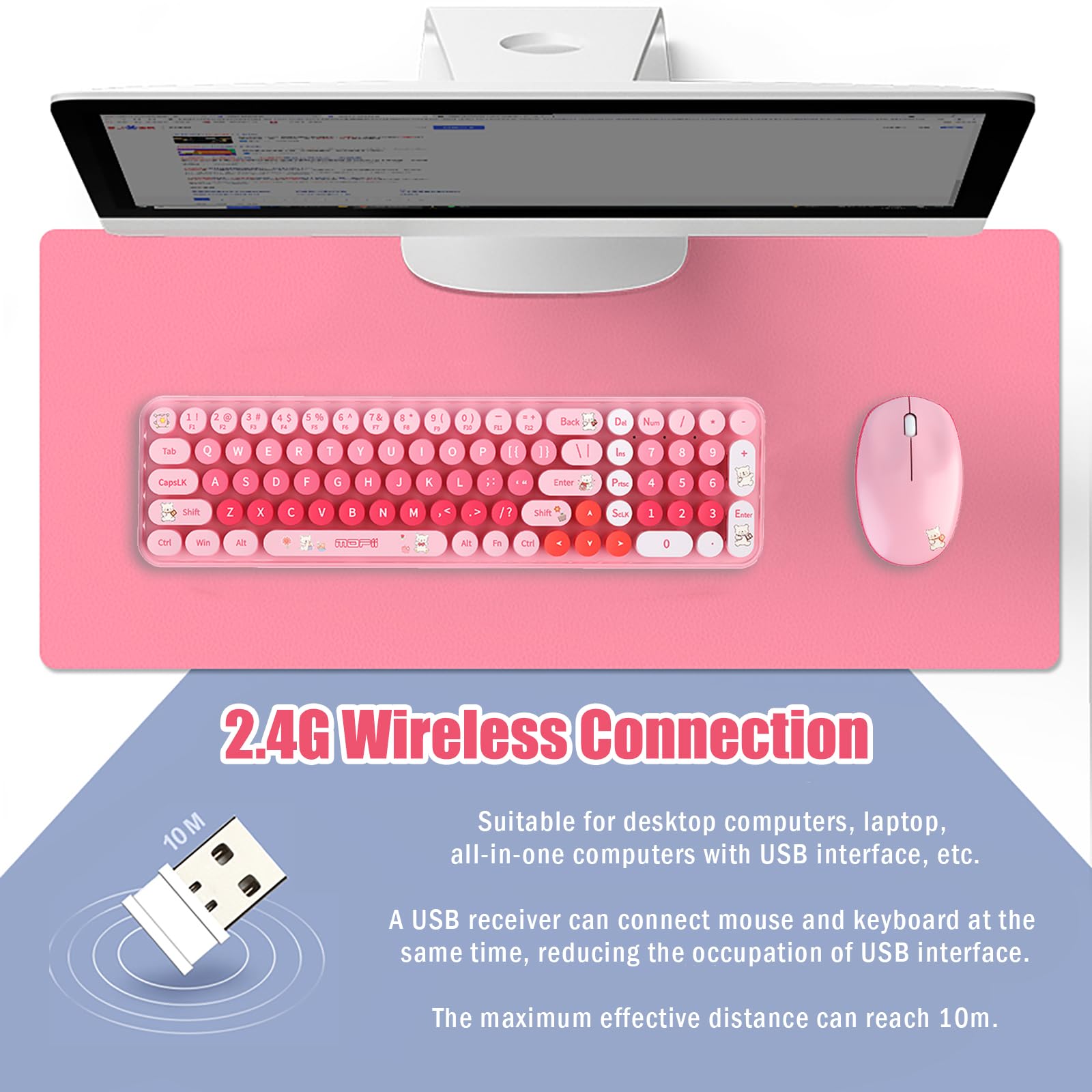 Cute Baby Bear Compact Wireless Keyboard and Mouse, 85 Round Colorful Keys with Number Keys, 2.4G Wireless Gift for Girls Kids Compatible with Notebook, PC (Pink