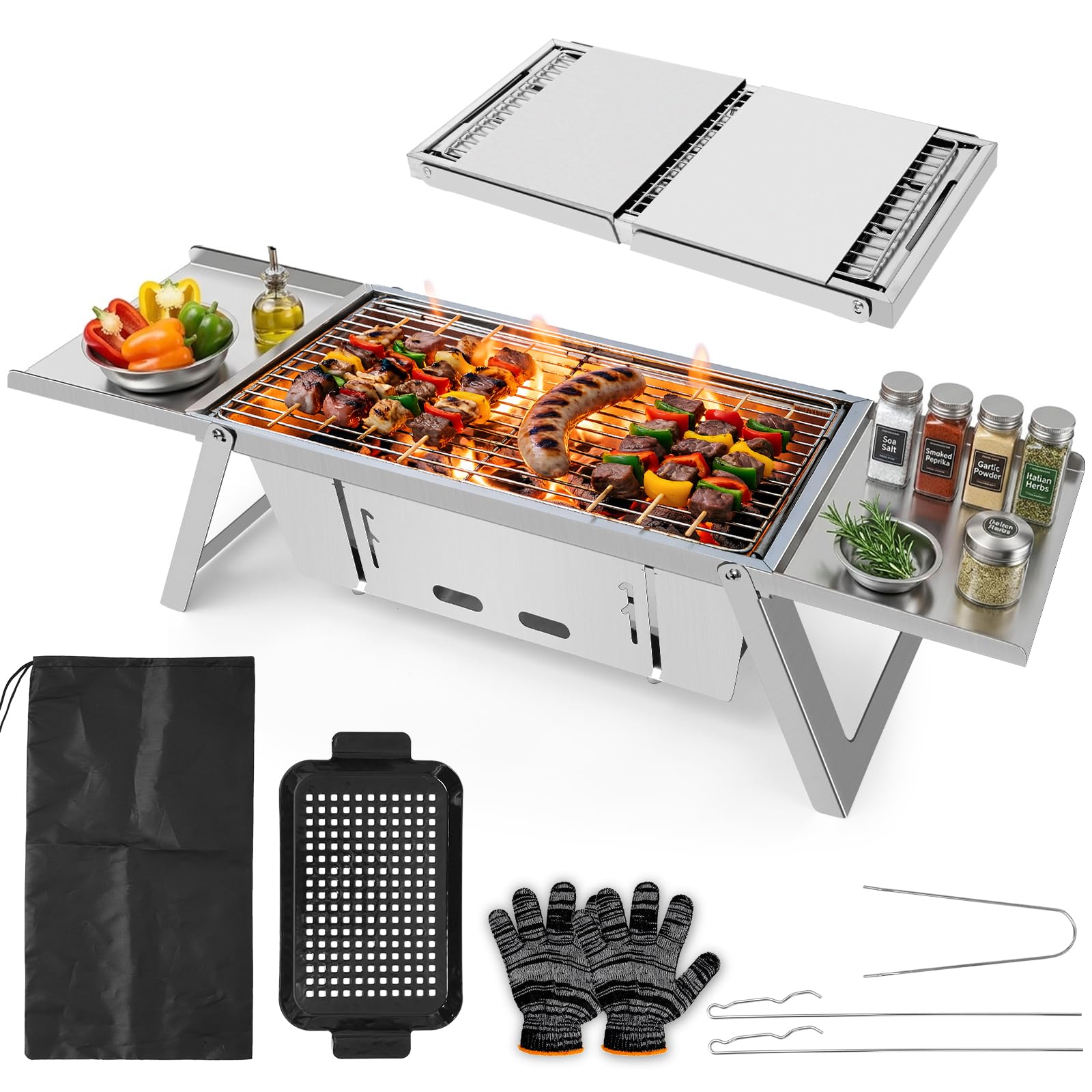 E EASTSTORM Camping Grill, Klappgrill Holzkohlegrill mit 3-stufiger Hitzeverstellung, Mini Tischgrill für 3-4 Personen, Ideal für Garten, Balkon, Strand & Reise, leicht zu Reinigen, 54x21x17.5cm