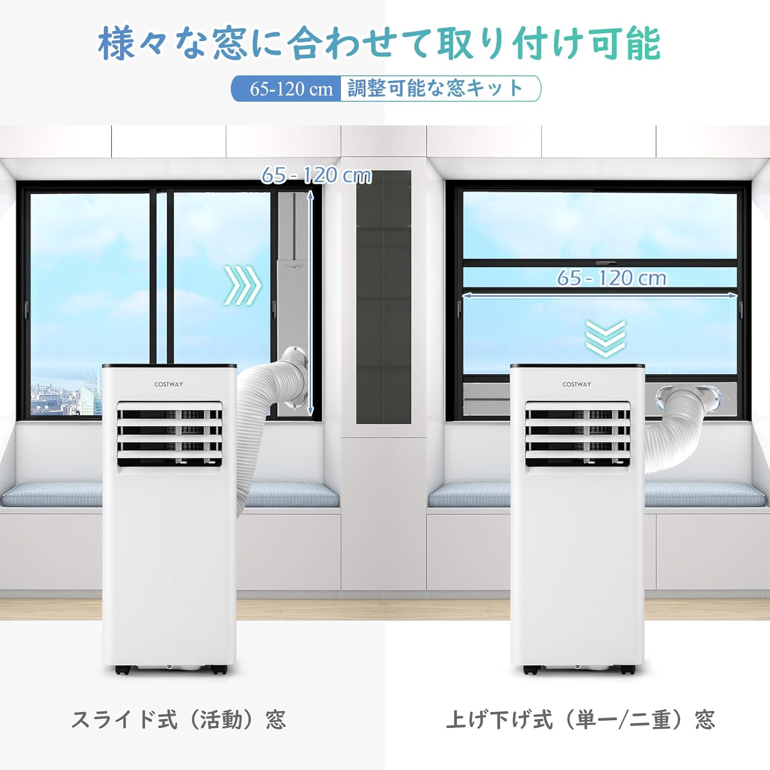 Diagram showing installation of window kit for portable air conditioner