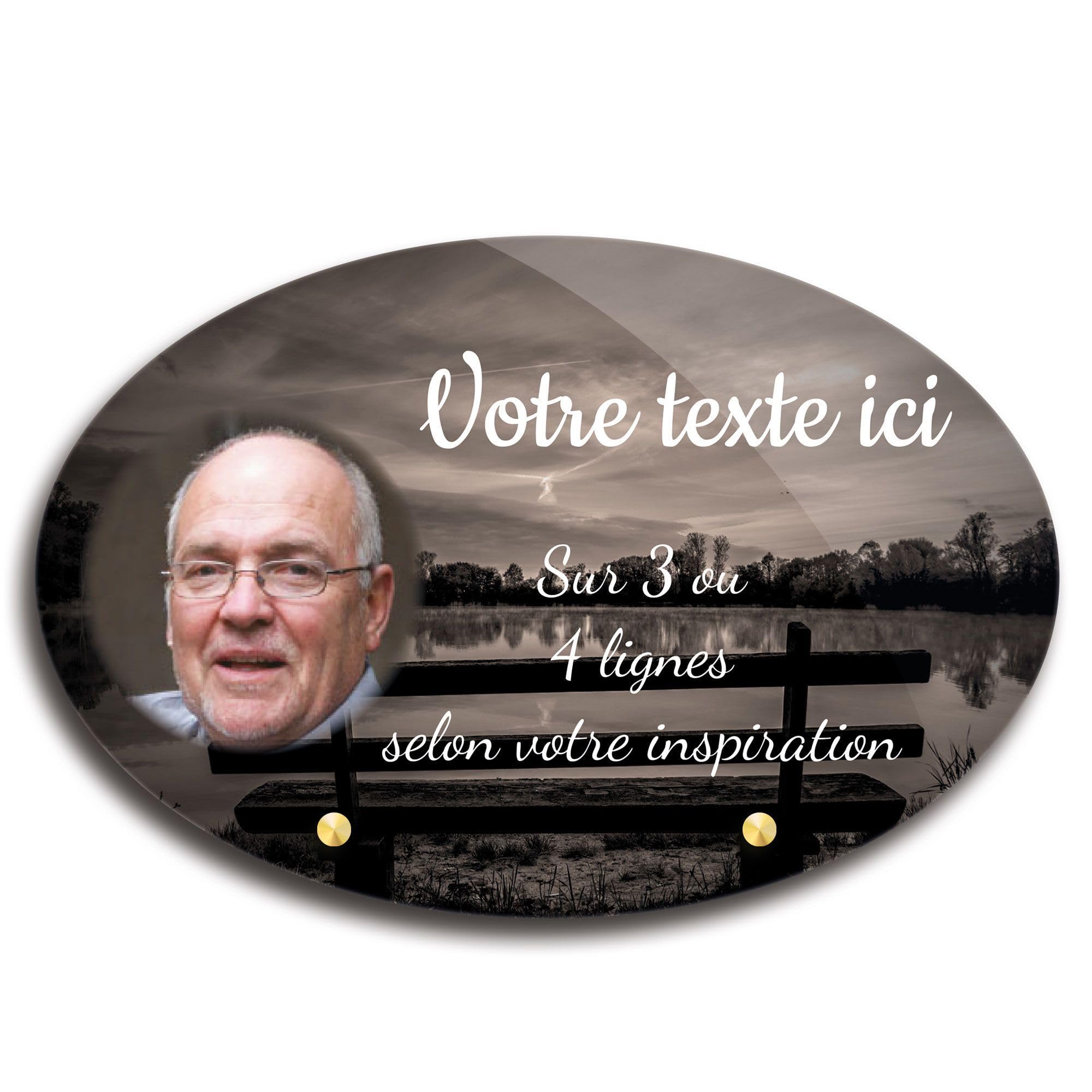 Plaque funéraire Ovale avec Photo Personnalisable en plexi Motif Banc Devant Un lac, différentes Tailles, épaisseur 6mm, personnalisée sur Plusieurs Lignes 30x20 cm